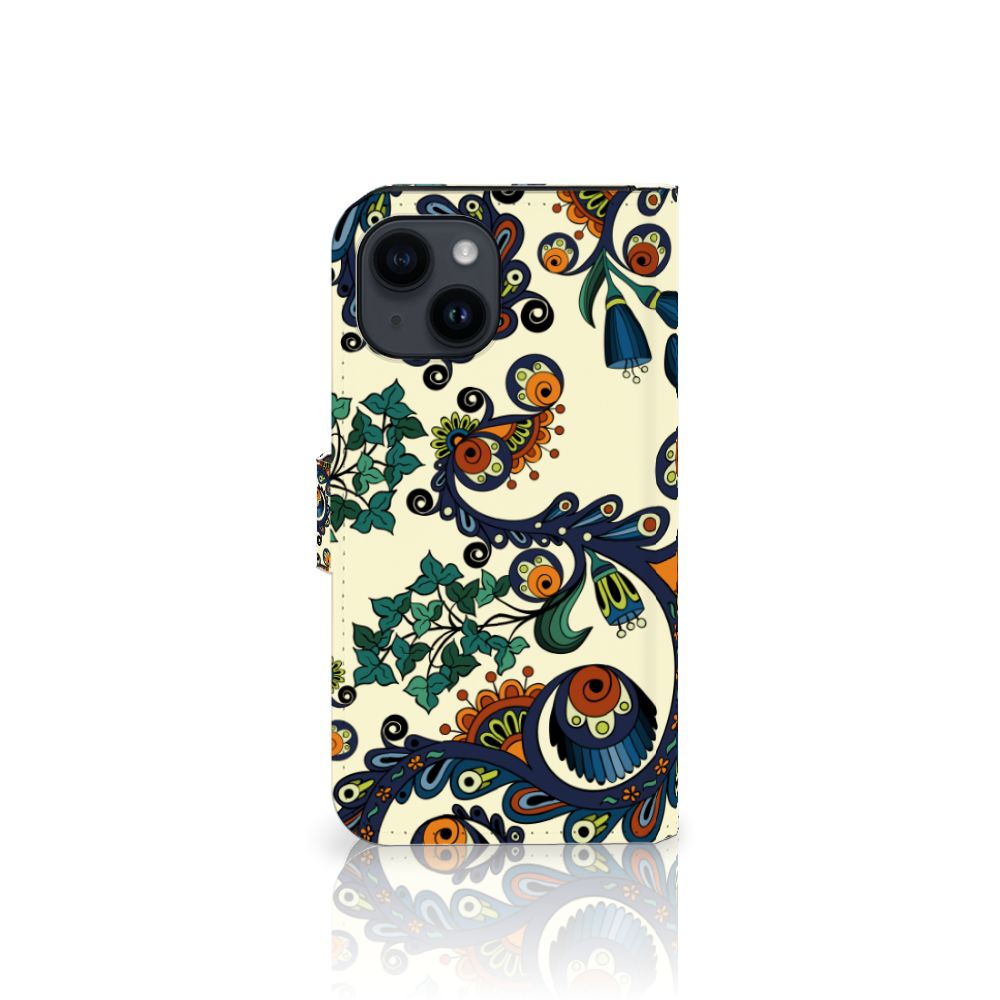 Wallet Case iPhone 15 Barok Flower ontwerp achterkant bloemen ogen