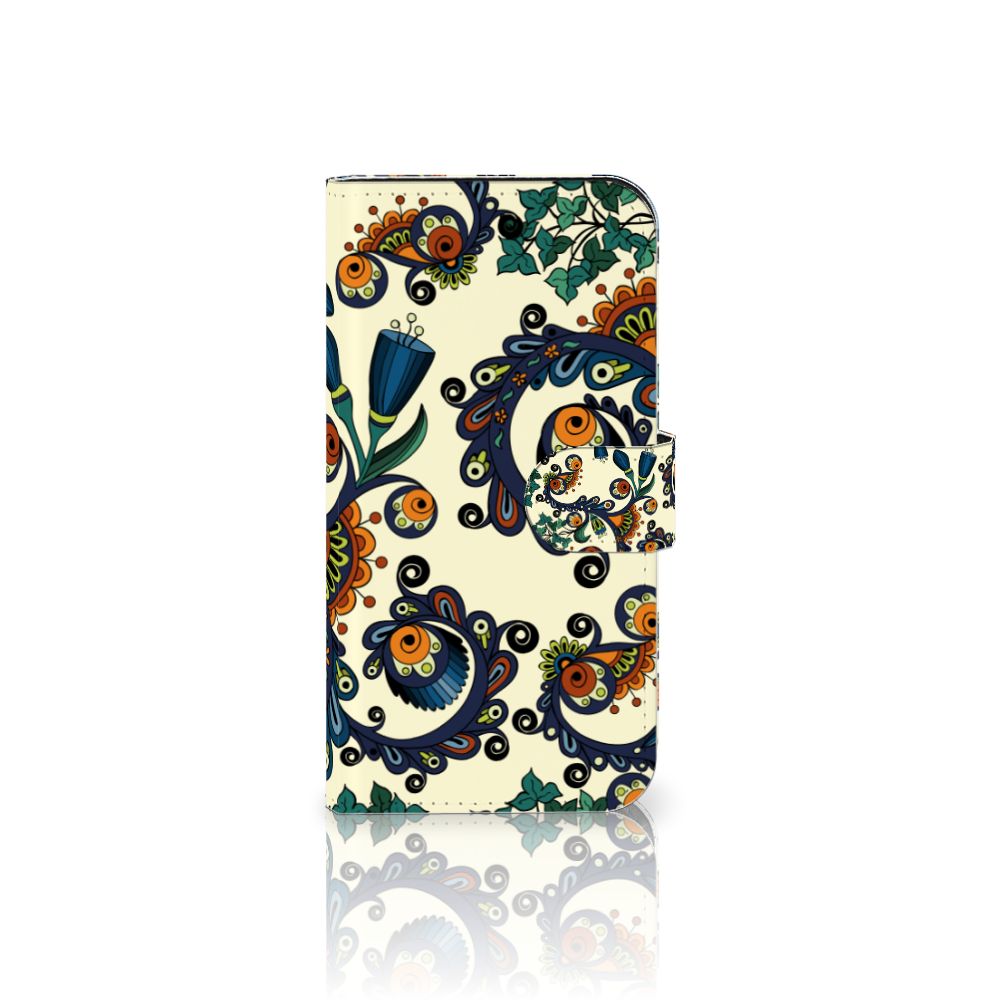 Wallet Case iPhone 15 Barok Flower design bloemen met ogen aanzicht voorkant