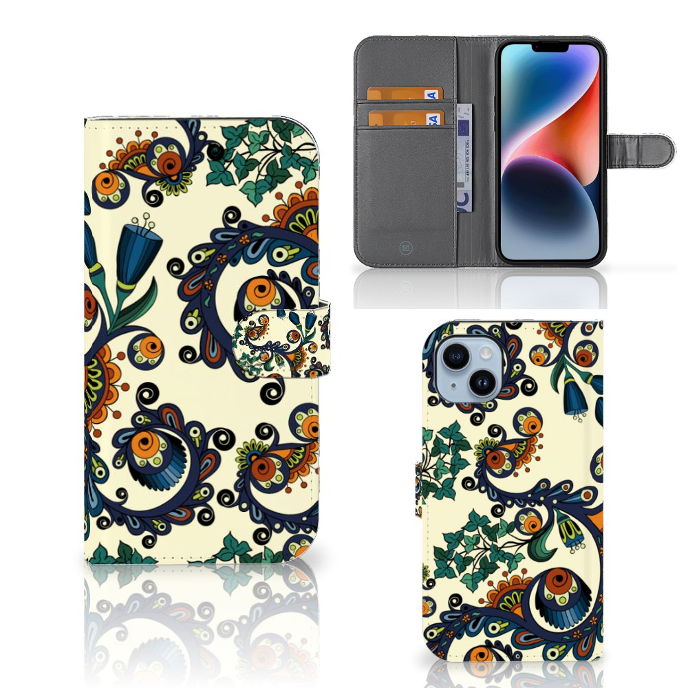 Wallet Case iPhone 15 Plus Barok Flower met kleurrijk barok patroon en meerdere compartimenten.