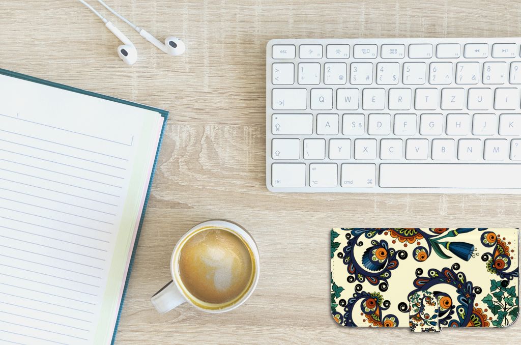 Wallet Case iPhone 15 Plus Barok Flower, stijlvolle hoes met barokke bloemenprint en ogen, perfect voor je smartphone. ☕
