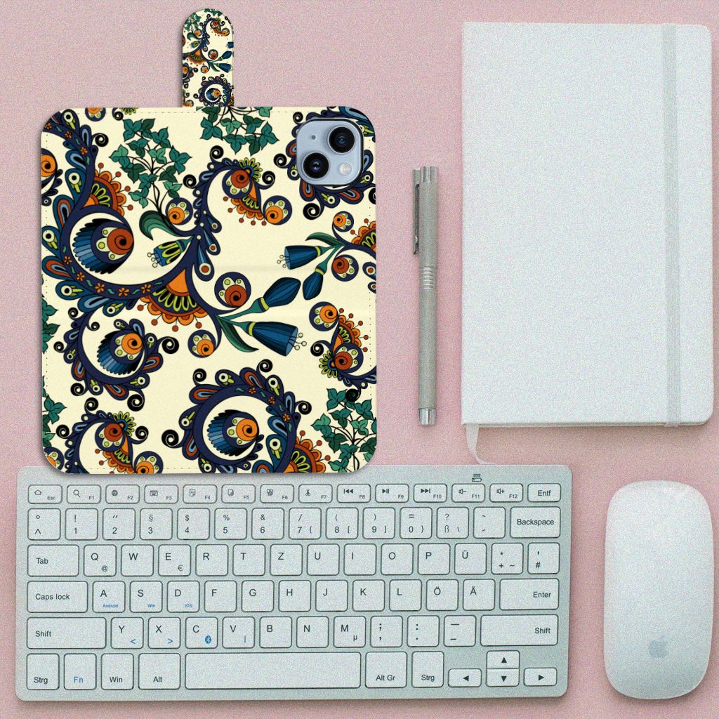 Wallet Case iPhone 15 Plus Barok Flower met kleurrijk barok bloemenontwerp en ogen, perfect voor elke bloemenliefhebber 🌸