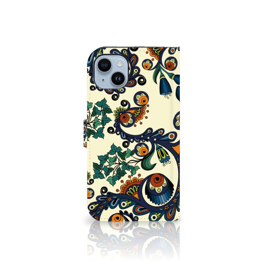 Wallet Case iPhone 15 Plus Barok Flower met kleurrijke bloemen en ogen design 🌺