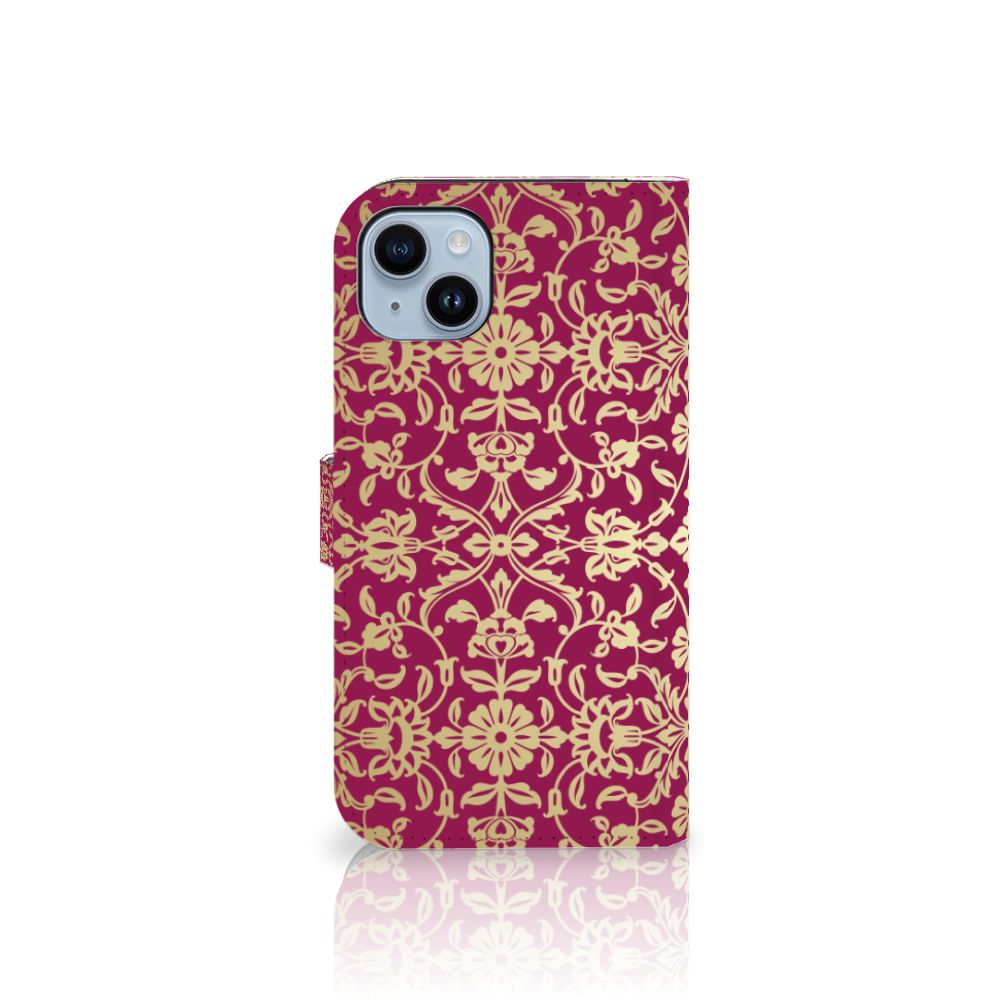 Wallet Case iPhone 15 Plus Barok Pink met een elegant bloemendessin op een strakke rode achtergrond 🌸.