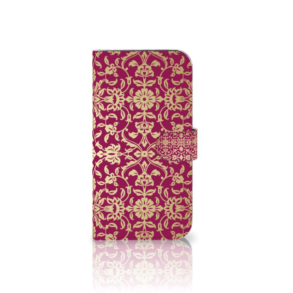 Wallet Case iPhone 15 Plus Barok Pink met elegant barokdesign en goudkleurige bloemen.