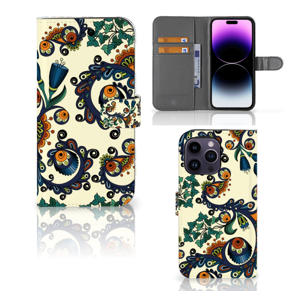 Wallet Case iPhone 15 Pro Max Barok Flower met kleurrijke bloempatronen en ogen 🌸