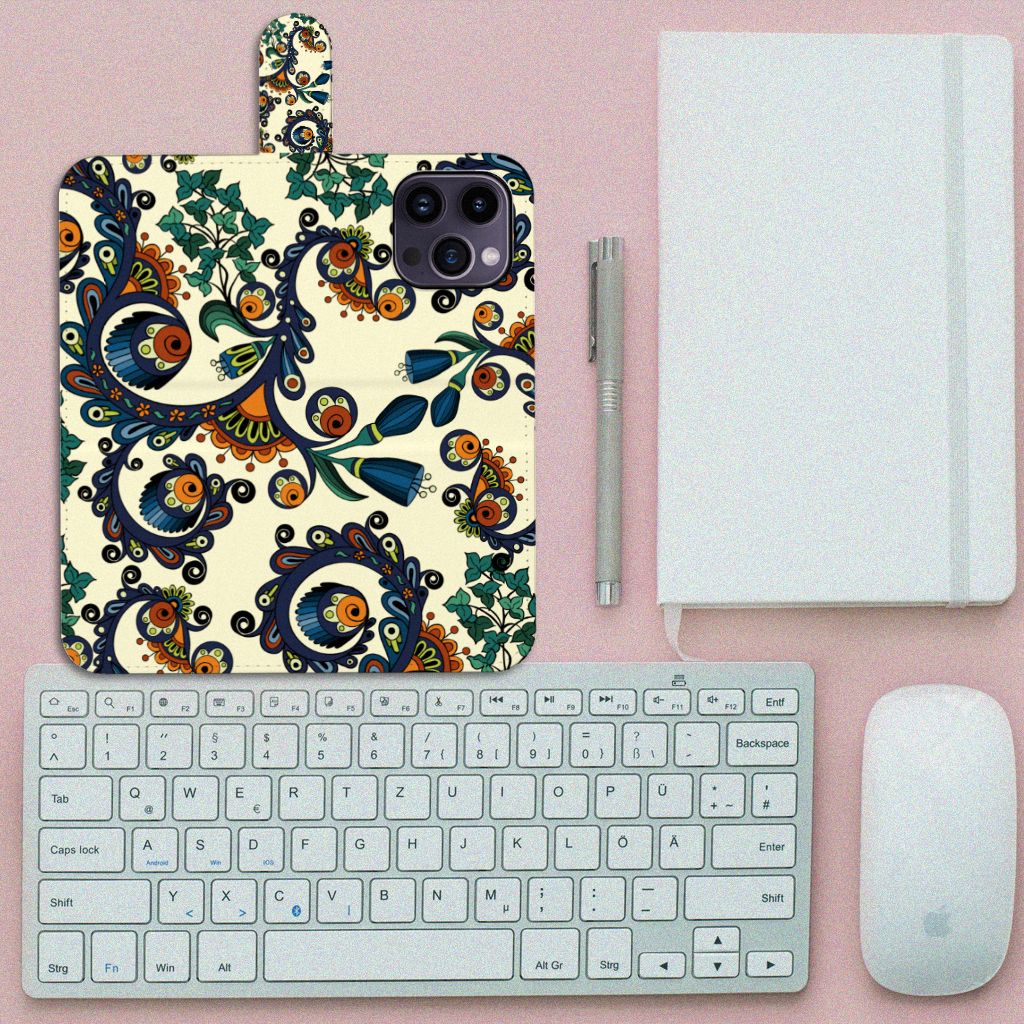 Wallet Case iPhone 15 Pro Max Barok Flower met kleurrijk bloemen en ogen design op een bureau