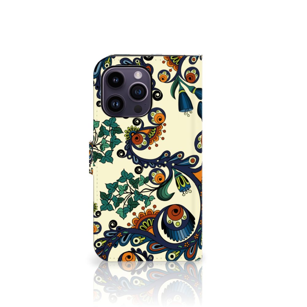 Wallet Case iPhone 15 Pro Max Barok Flower met bloemendetails en ogen, een stijlvolle accessoire 🌸.