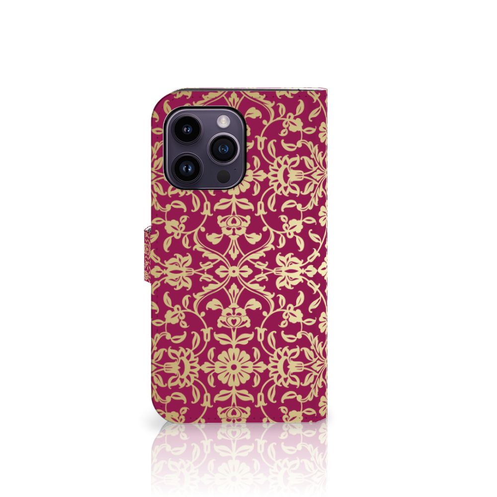 Wallet Case iPhone 15 Pro Max Barok Pink met elegant gouden barokdesign.