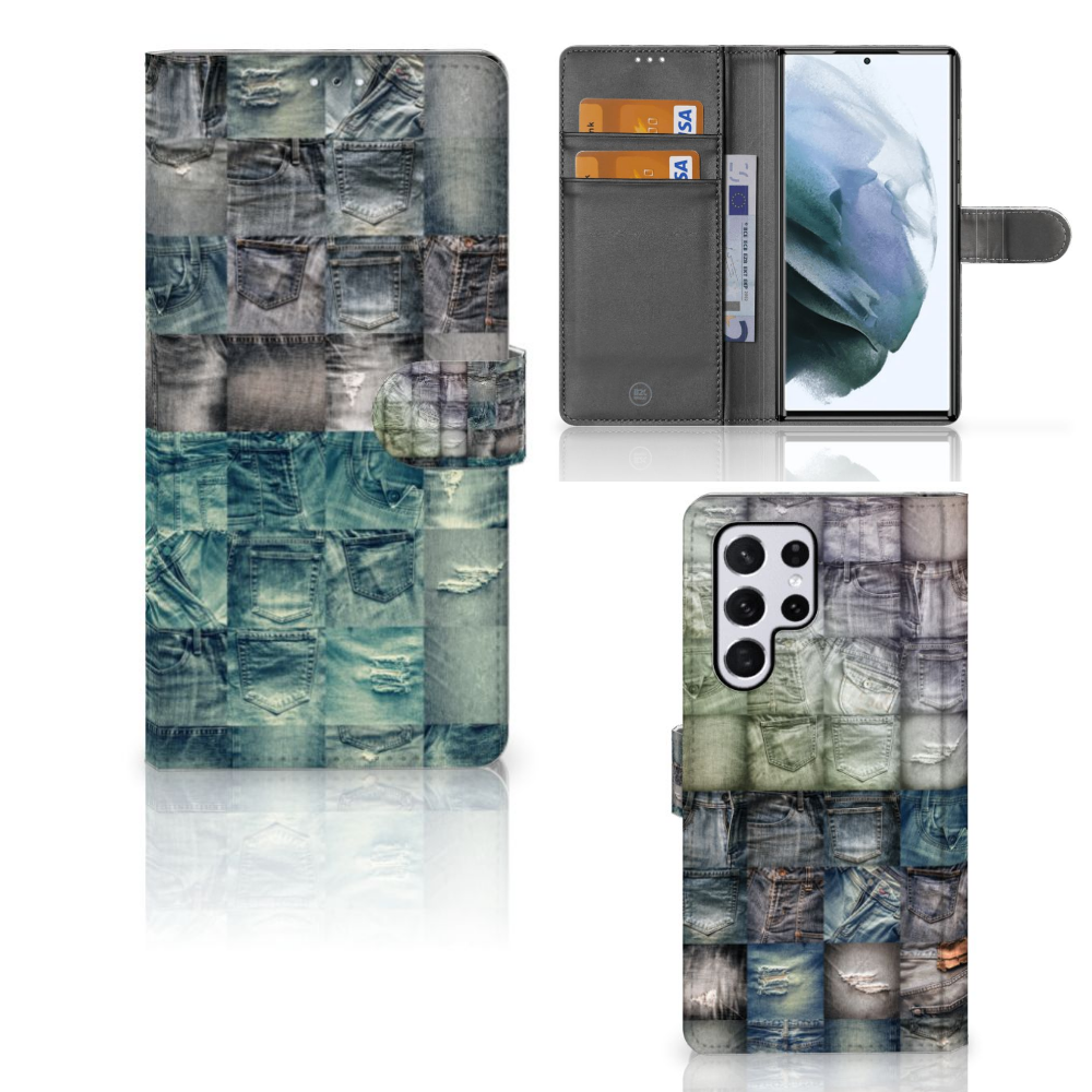 Samsung Galaxy S22 Ultra Wallet Case met Pasjes Spijkerbroeken aanzicht