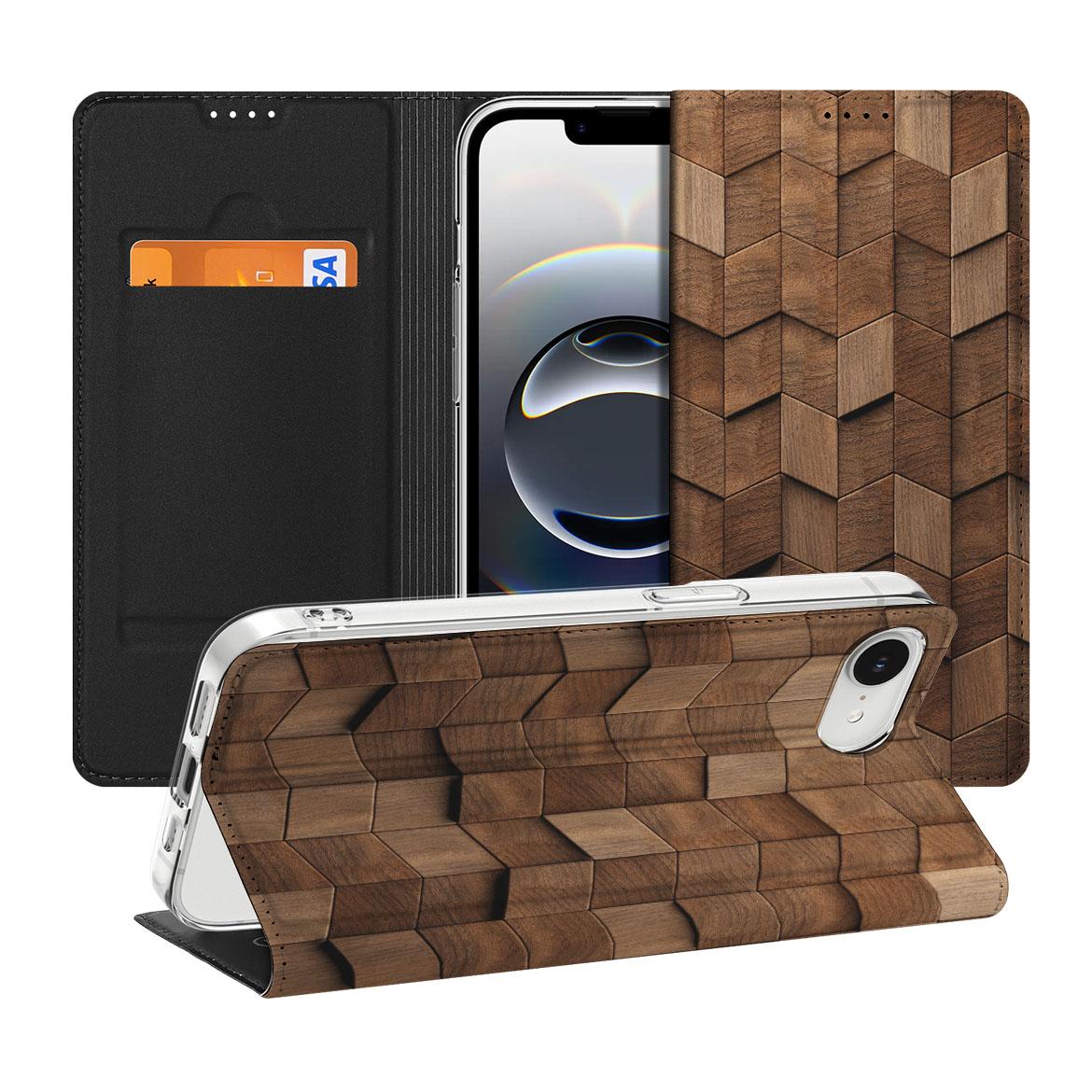 Apple iPhone 16e Wallet Case Wooden Cubes voorkant achterkant