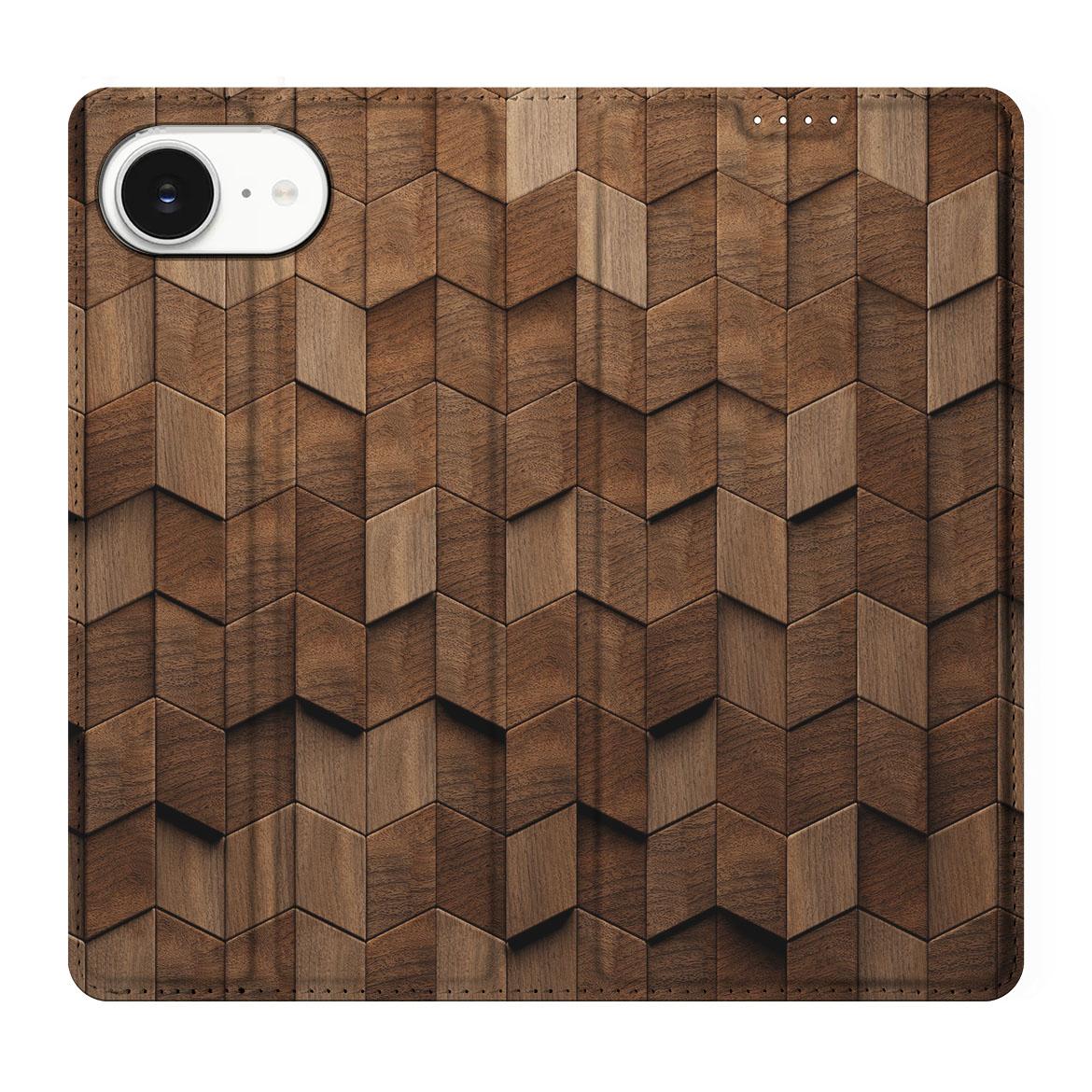 Wallet Case voor Apple iPhone 16e Wooden Cubes houten design bovenaanzicht