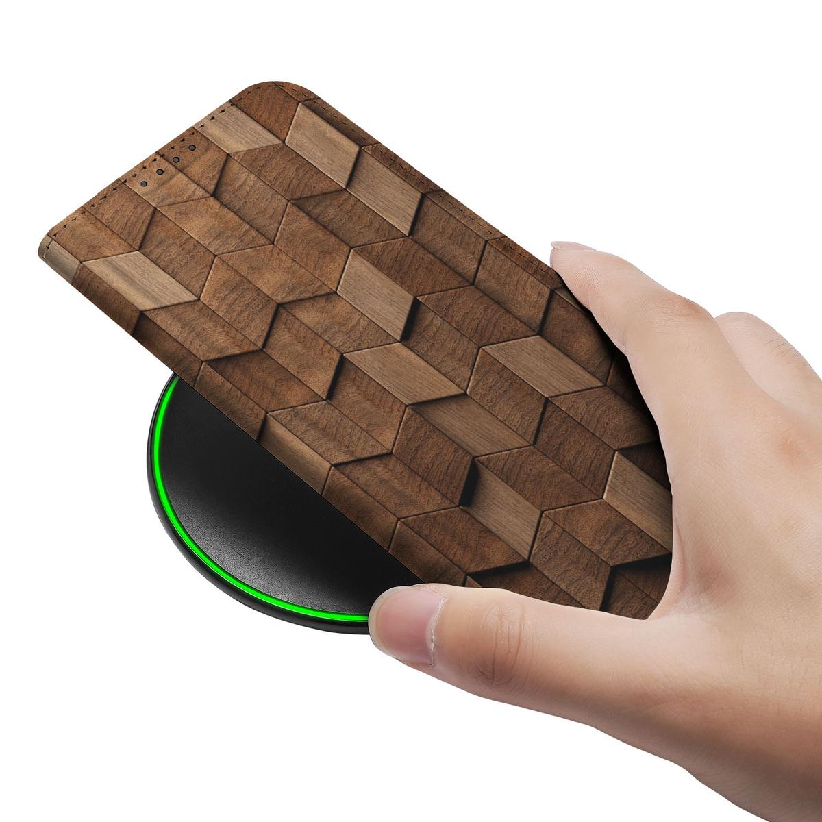 Apple iPhone 16e Wallet Case voor Apple iPhone 16e Wooden Cubes hand aanzicht