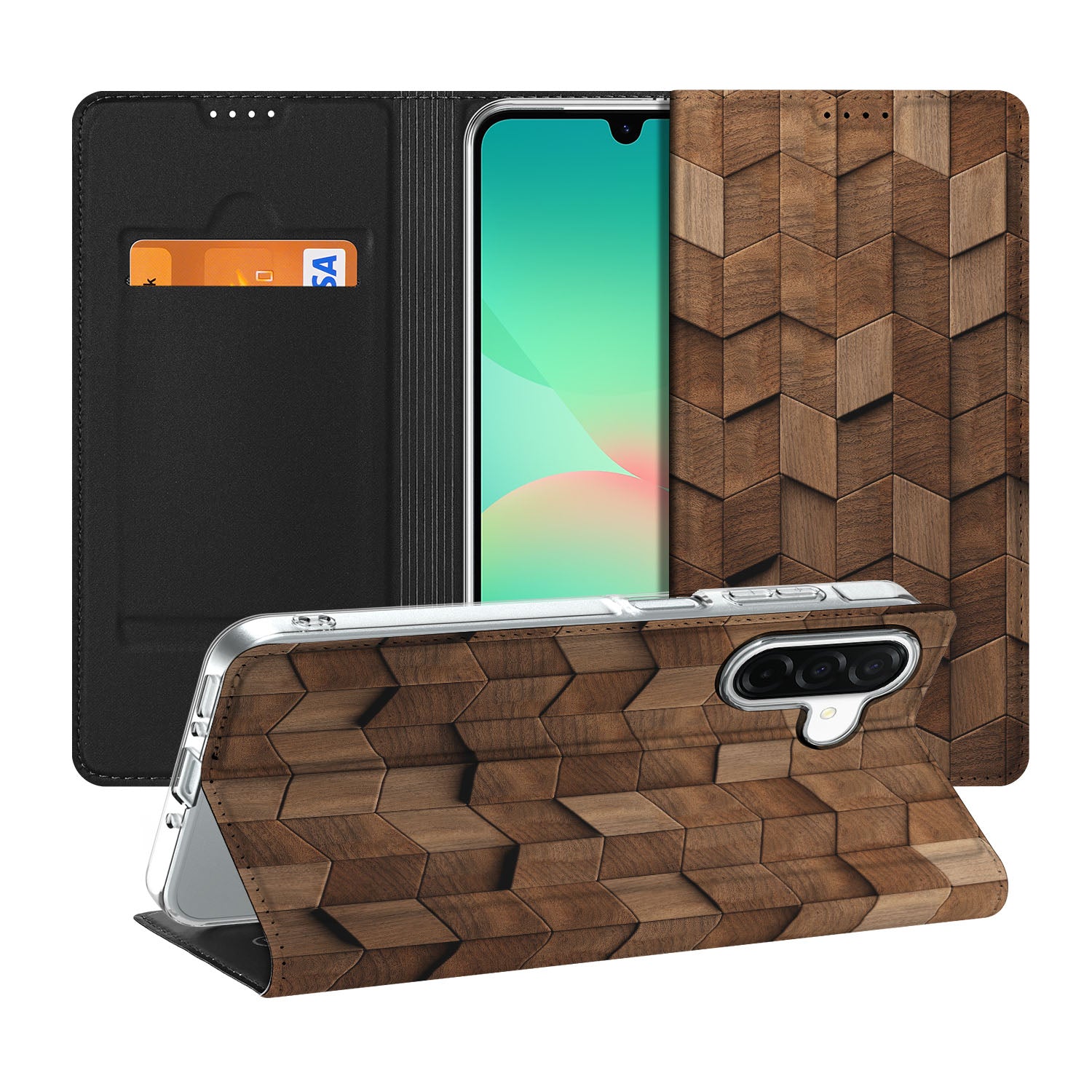 Samsung Galaxy A26 Wallet Case Wooden Cubes binnenkant voorkant achterkant