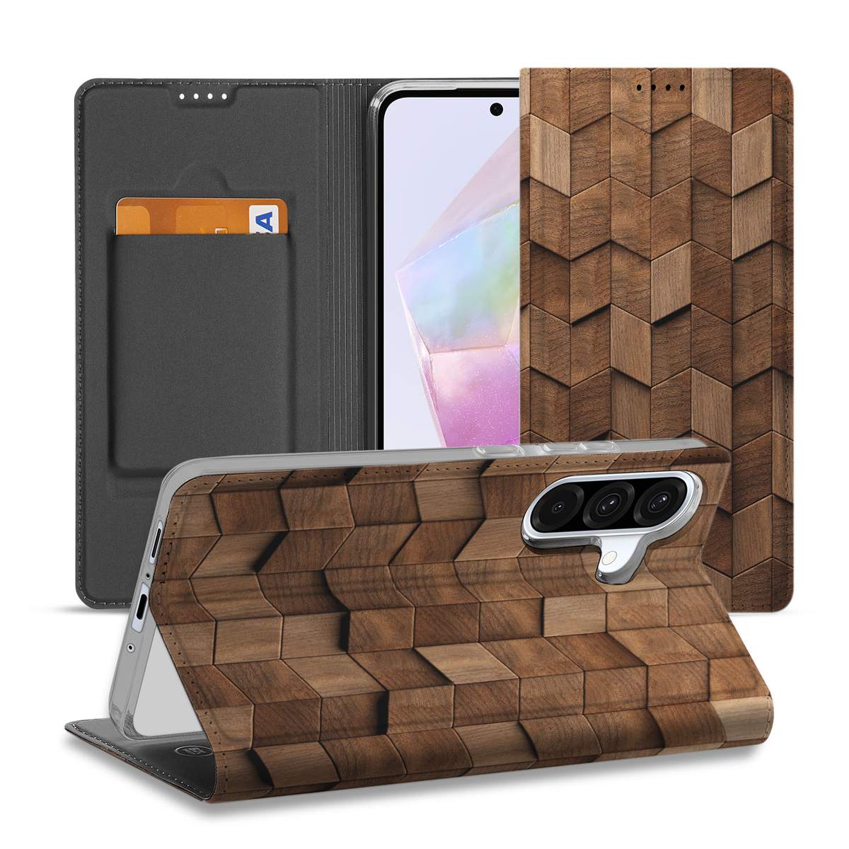 Samsung Galaxy A56 A36 Wallet Case Wooden Cubes voorkant en achterkant