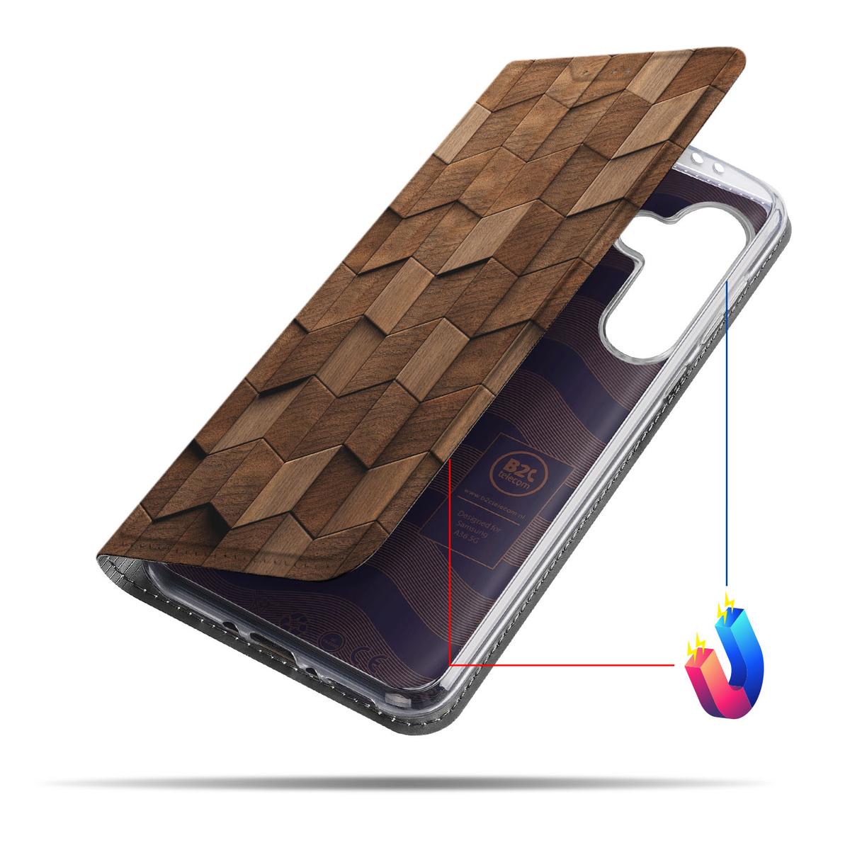 Samsung Galaxy A56 A36 Wallet Case Wooden Cubes zijaanzicht