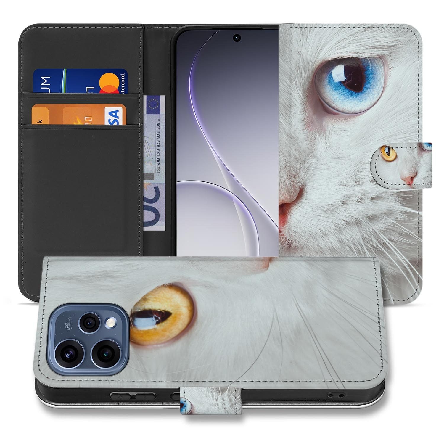 OPPO Reno15 wallet hoesje Witte Kat – opengeslagen met de pasjesvakken
