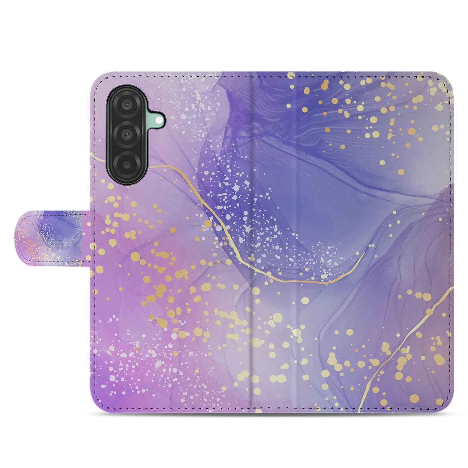 Samsung Galaxy A17 Watercolor Paars Hoesje PU-Leer Met 3 Pasjes voorkant gouden spetters