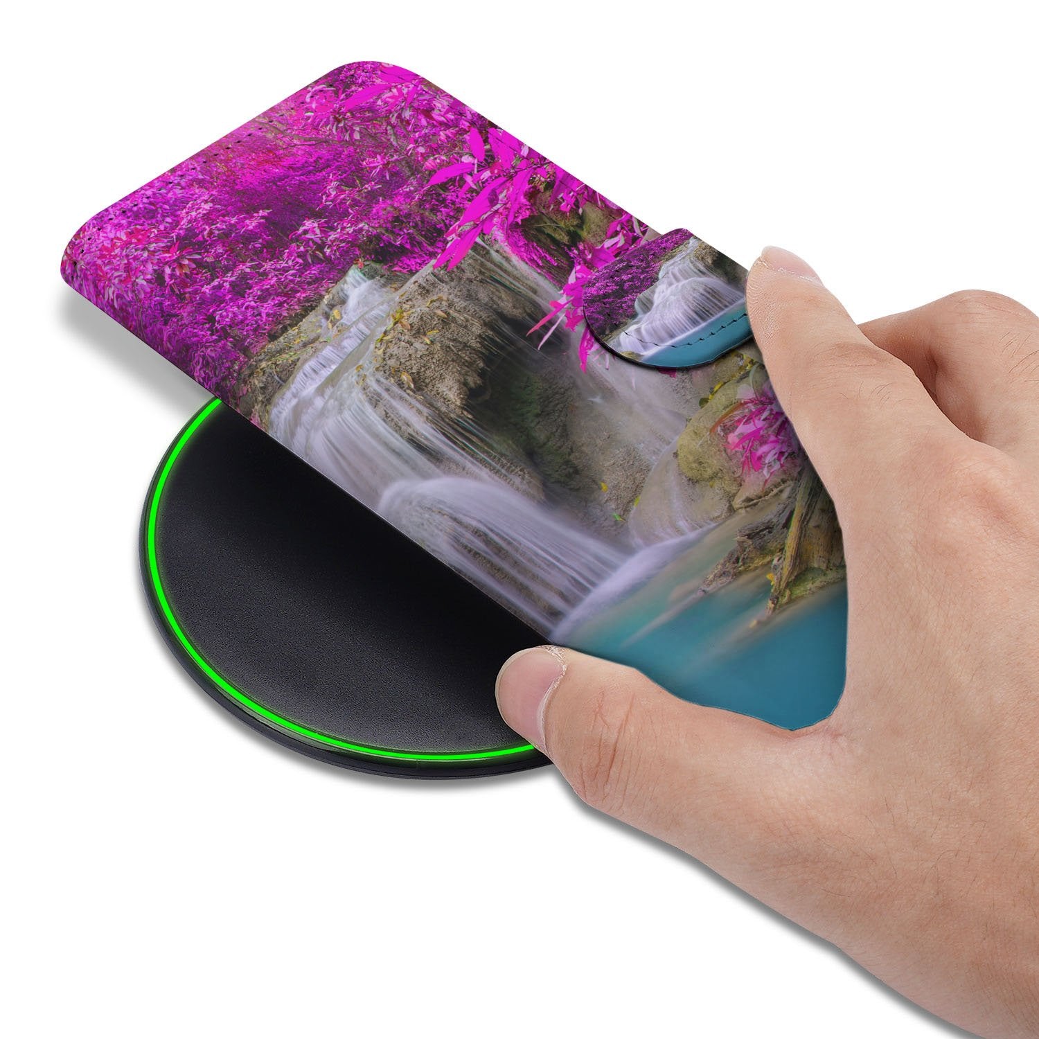 Waterval Hoesje Apple iPhone 17 Pro Book Case paars waterval design aanzicht