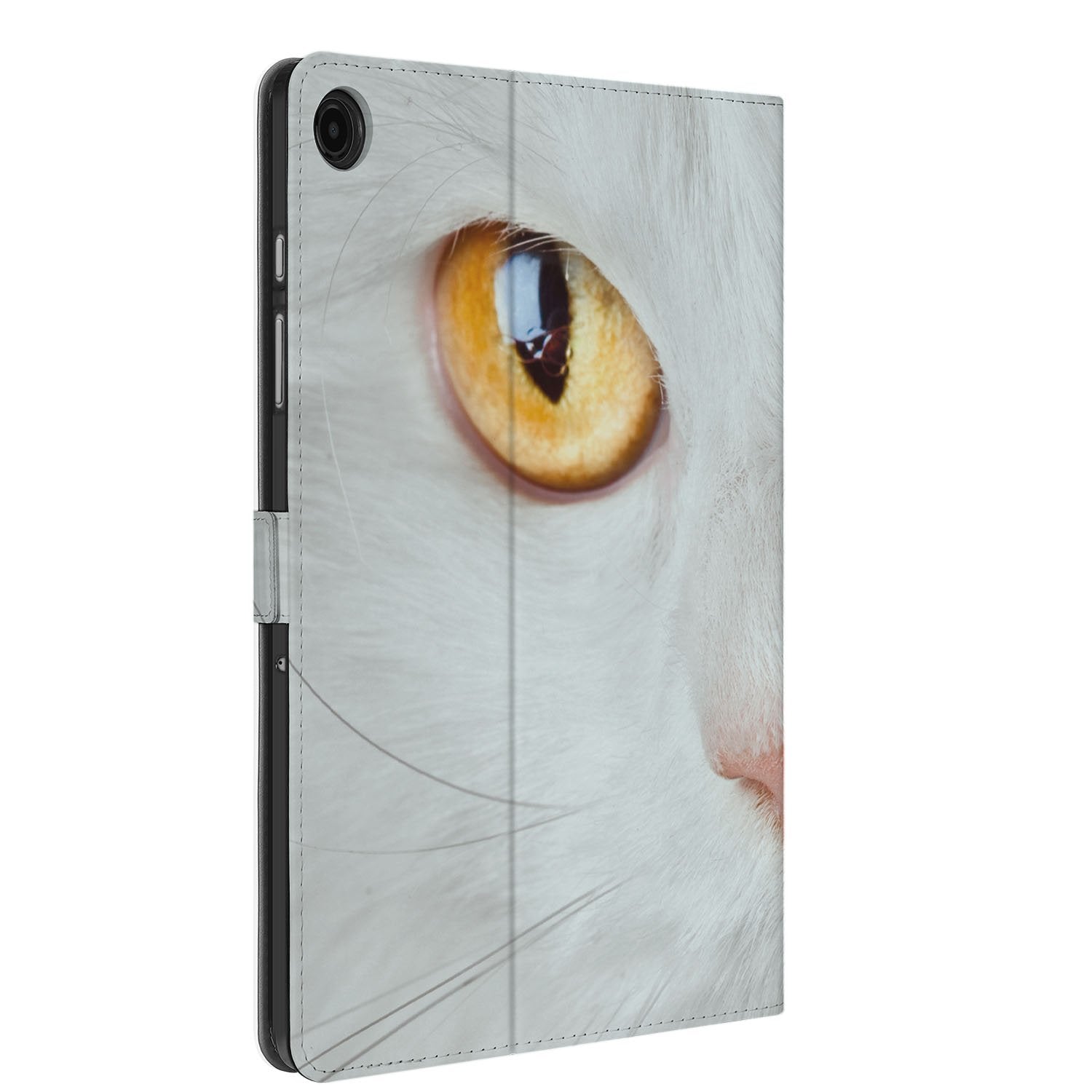 Witte Kat Tablet Hoesje met Standaard Samsung Galaxy Tab A11 Plus kattenoog detail zijaanzicht