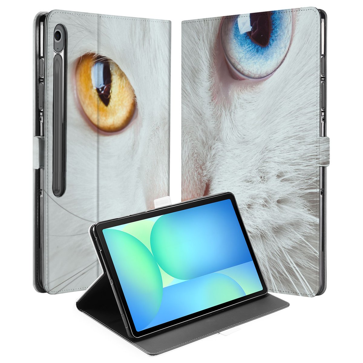 Witte Kat Tablet Hoesje met Standaard Samsung Galaxy Tab S10 FE Plus design kat ogen aanzicht