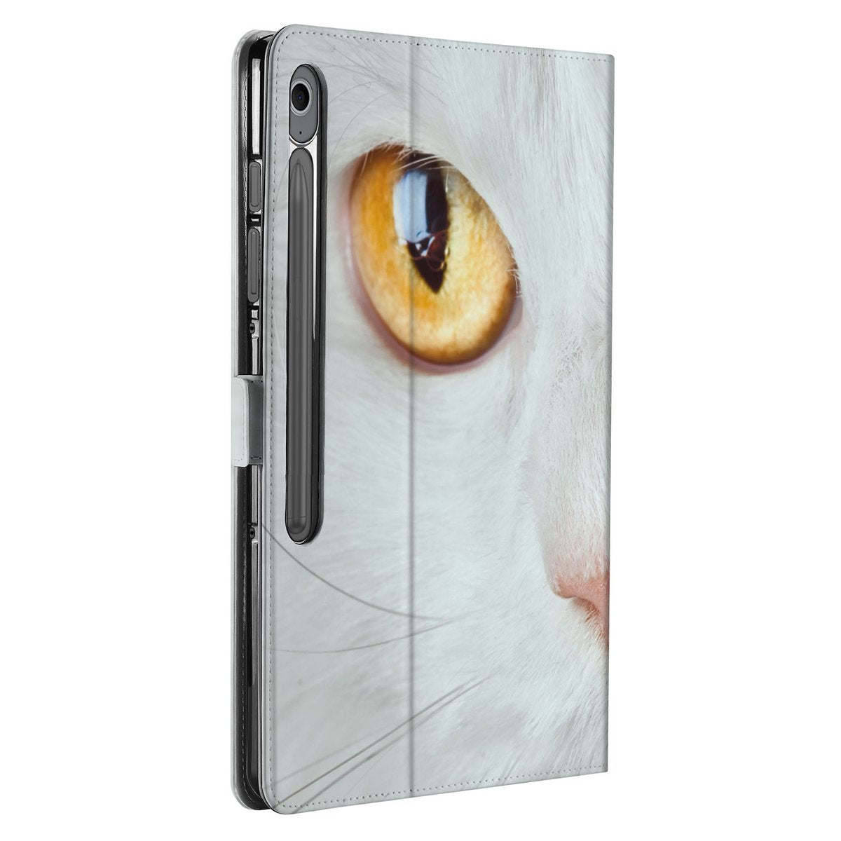 Witte Kat Tablet Hoesje met Standaard Samsung Galaxy Tab S10 FE Plus kattenoog design vooraanzicht