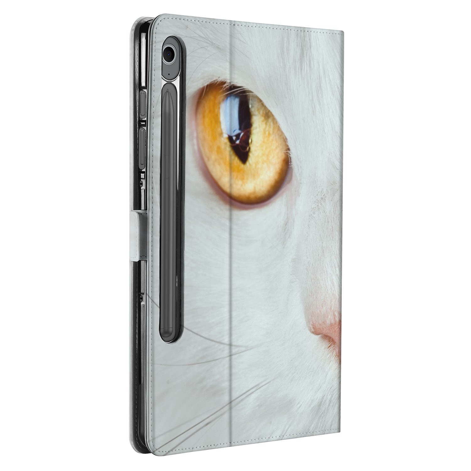 Witte Kat Tablet Hoesje met Standaard Samsung Galaxy Tab S10 FE | Tab S9 FE hoesje kat oog zijkant
