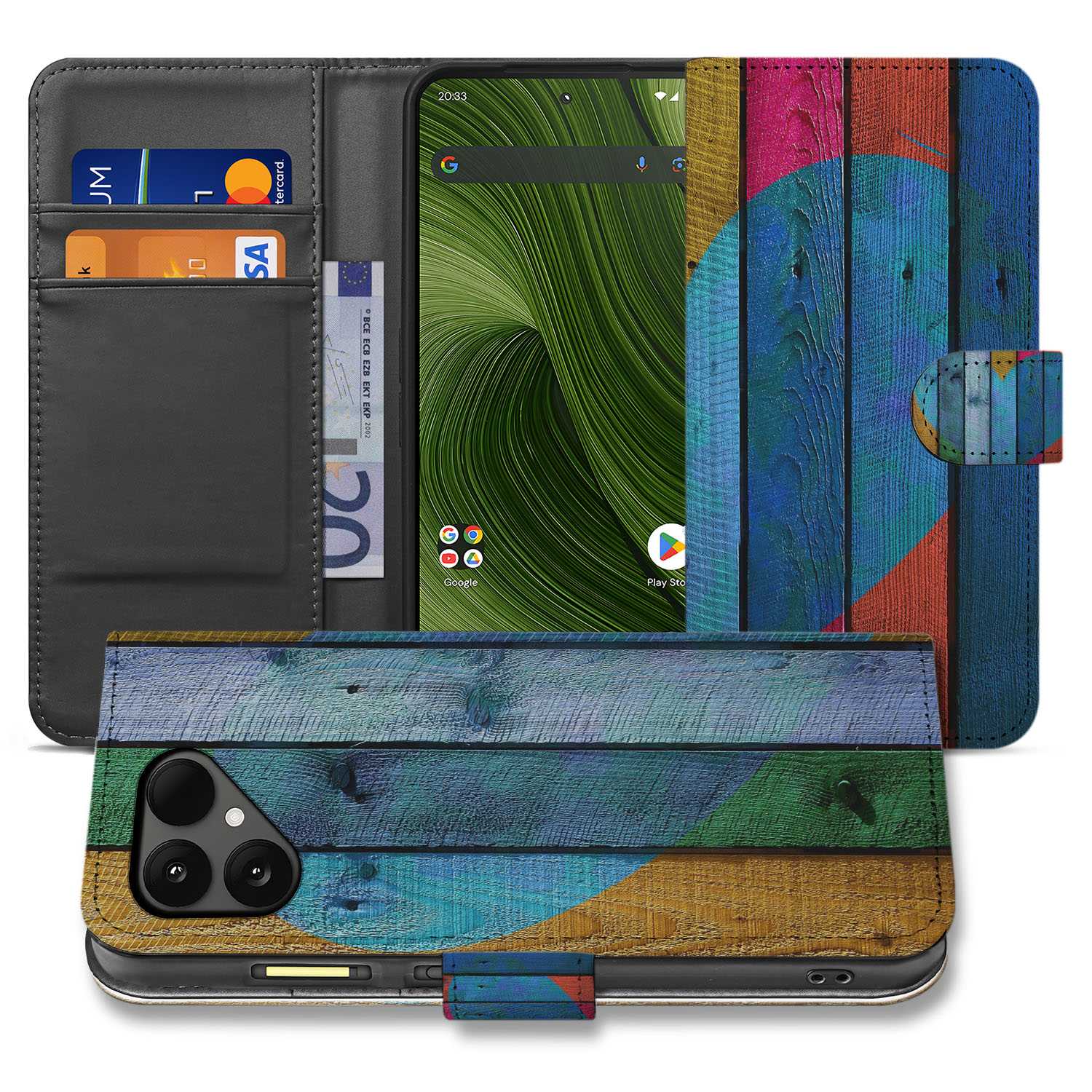 Fairphone 6 Wood Heart Bookcase folio met natuurlijke houtafwerking kleurrijke hartdetails