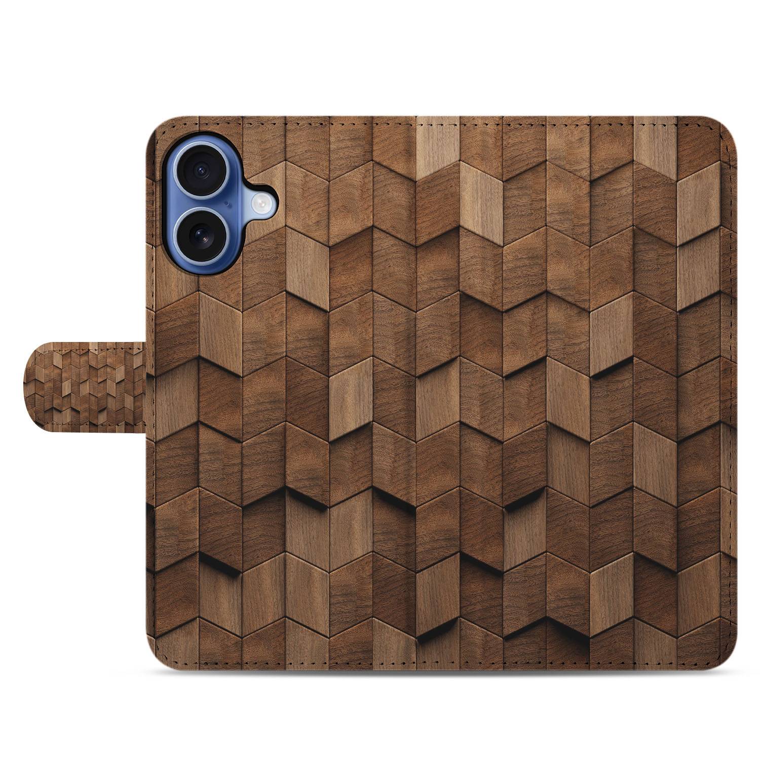 Wooden Cubes Hoesje Voor iPhone 17 Bookcase designnaam houtprint aanzicht