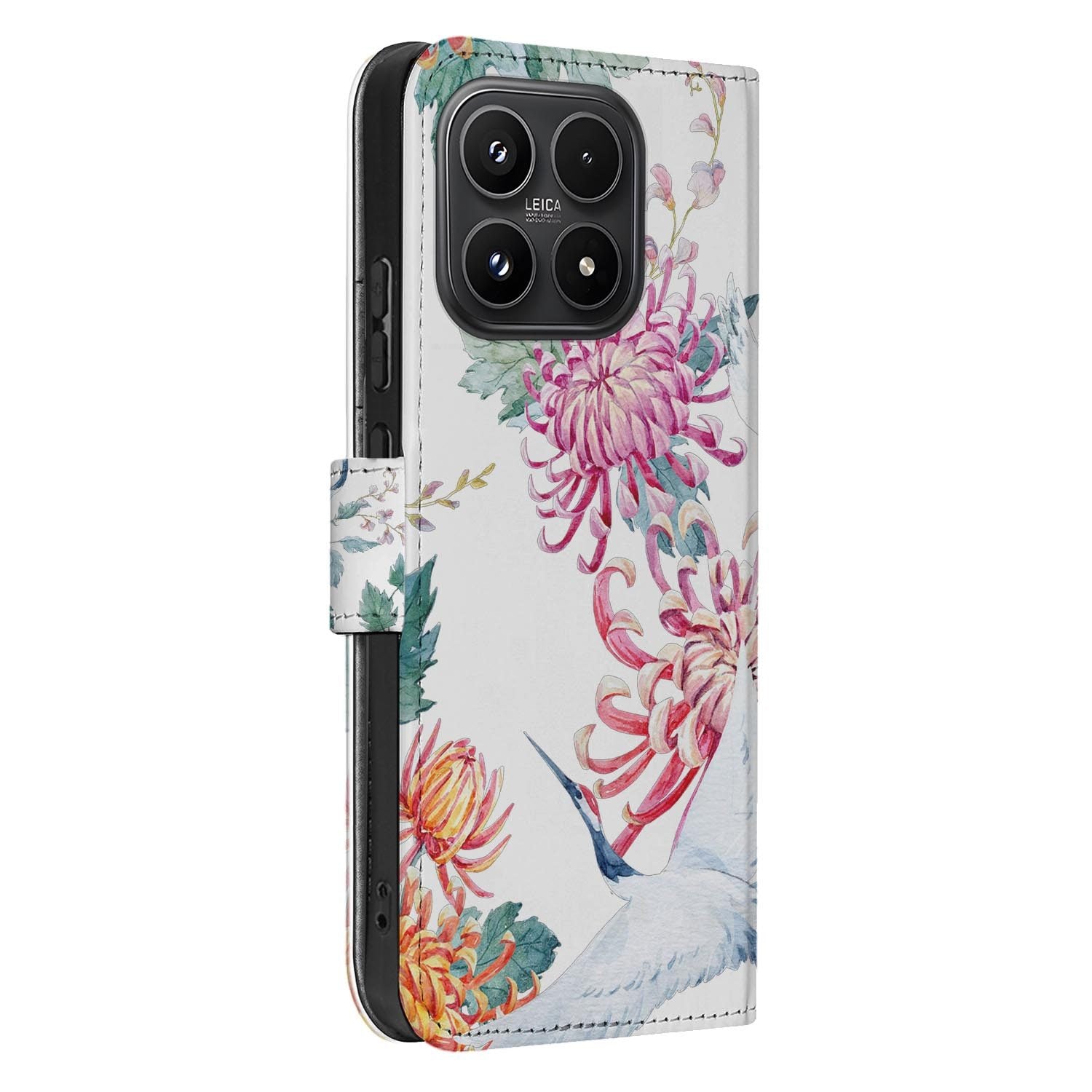 Xiaomi 17 bookcase Bird Flowers, zijkant met knopuitsparingen
