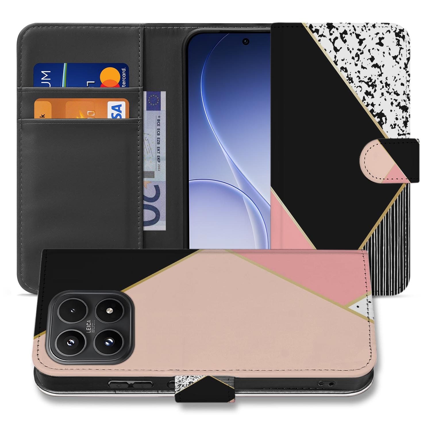 Xiaomi 17 bookcase Black Pink Shapes, voorkant met gesloten klep