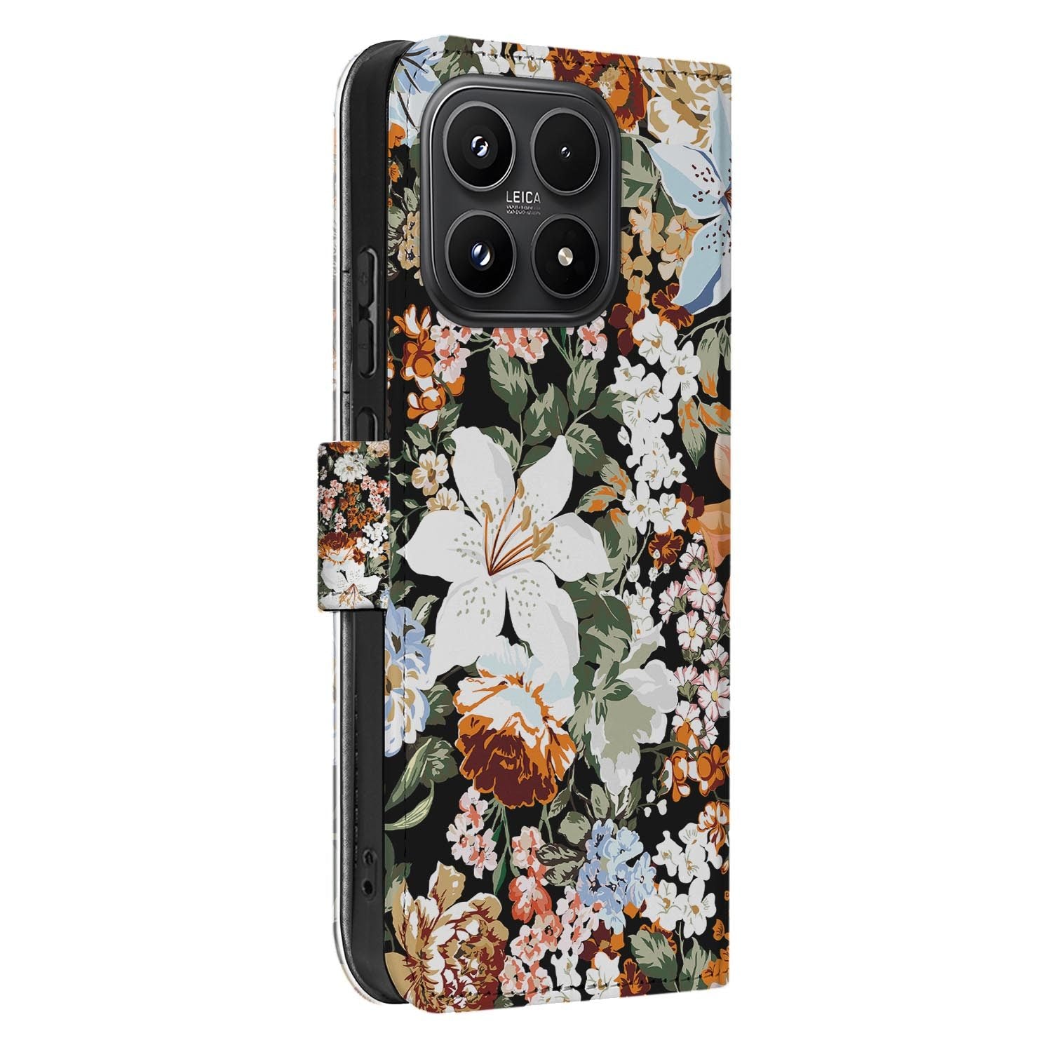 Xiaomi 17 bookcase Dark Flowers, zijkant met knopuitsparingen