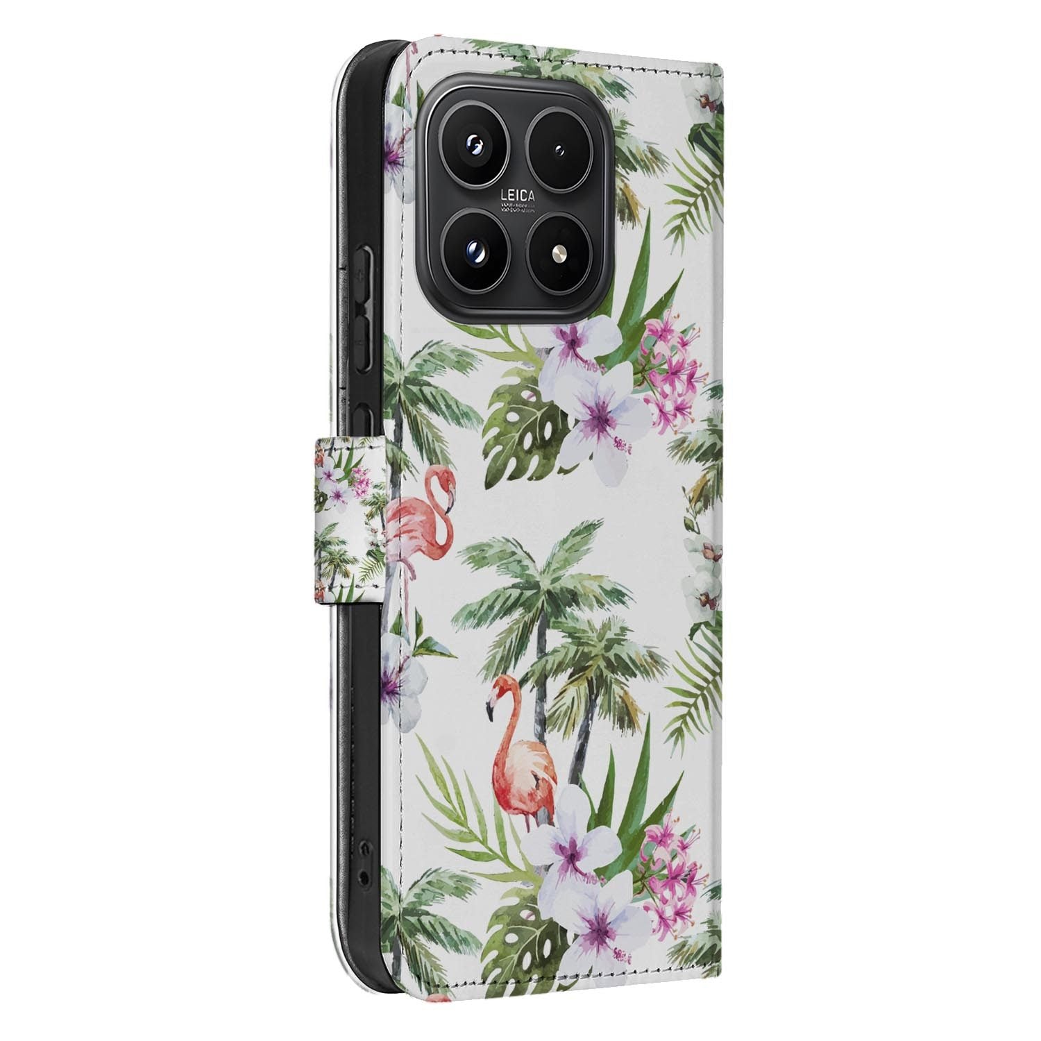 Xiaomi 17 bookcase Flamingo Palms, zijkant met knopuitsparingen