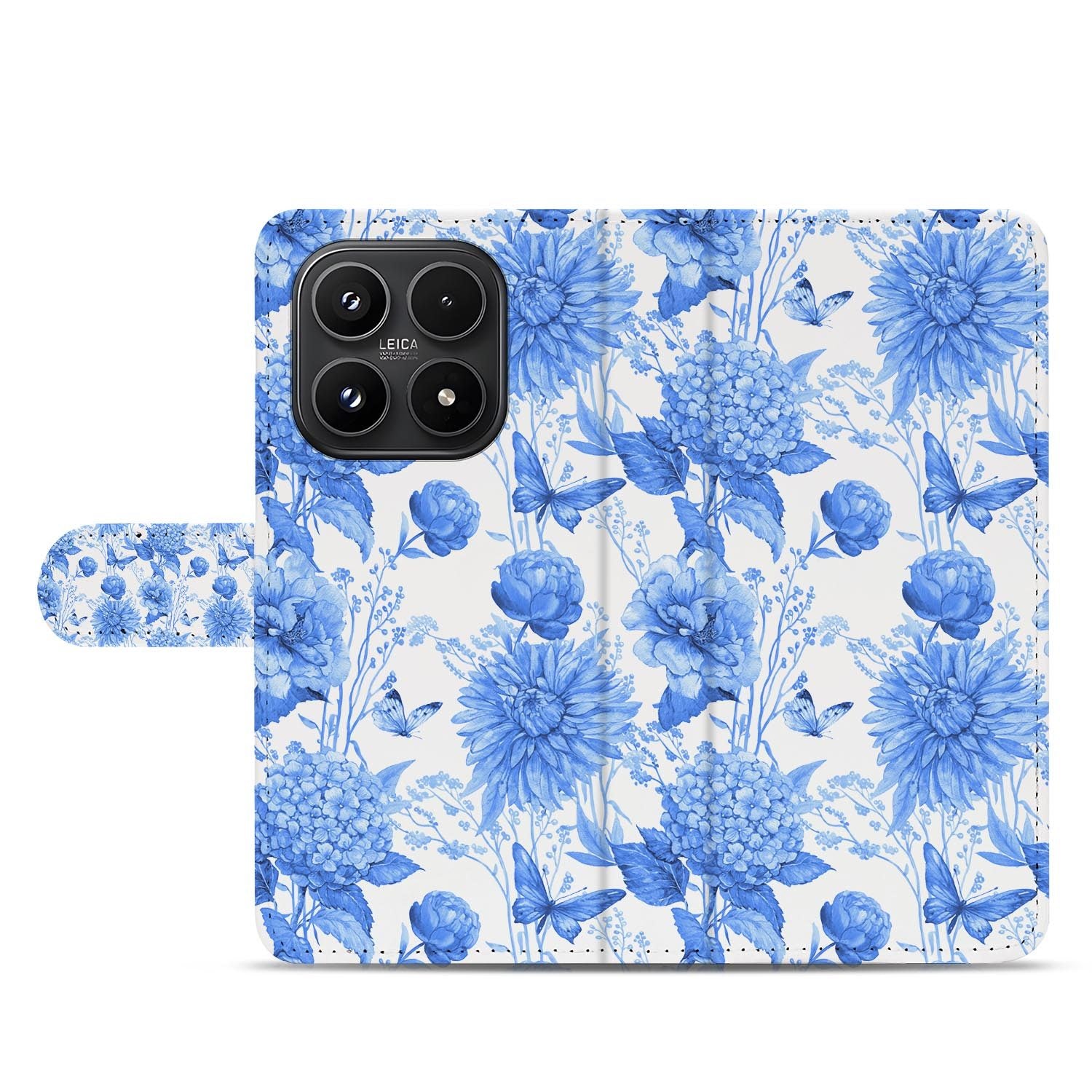 Xiaomi 17 bookcase Flowers Blue, zijkant met knopuitsparingen