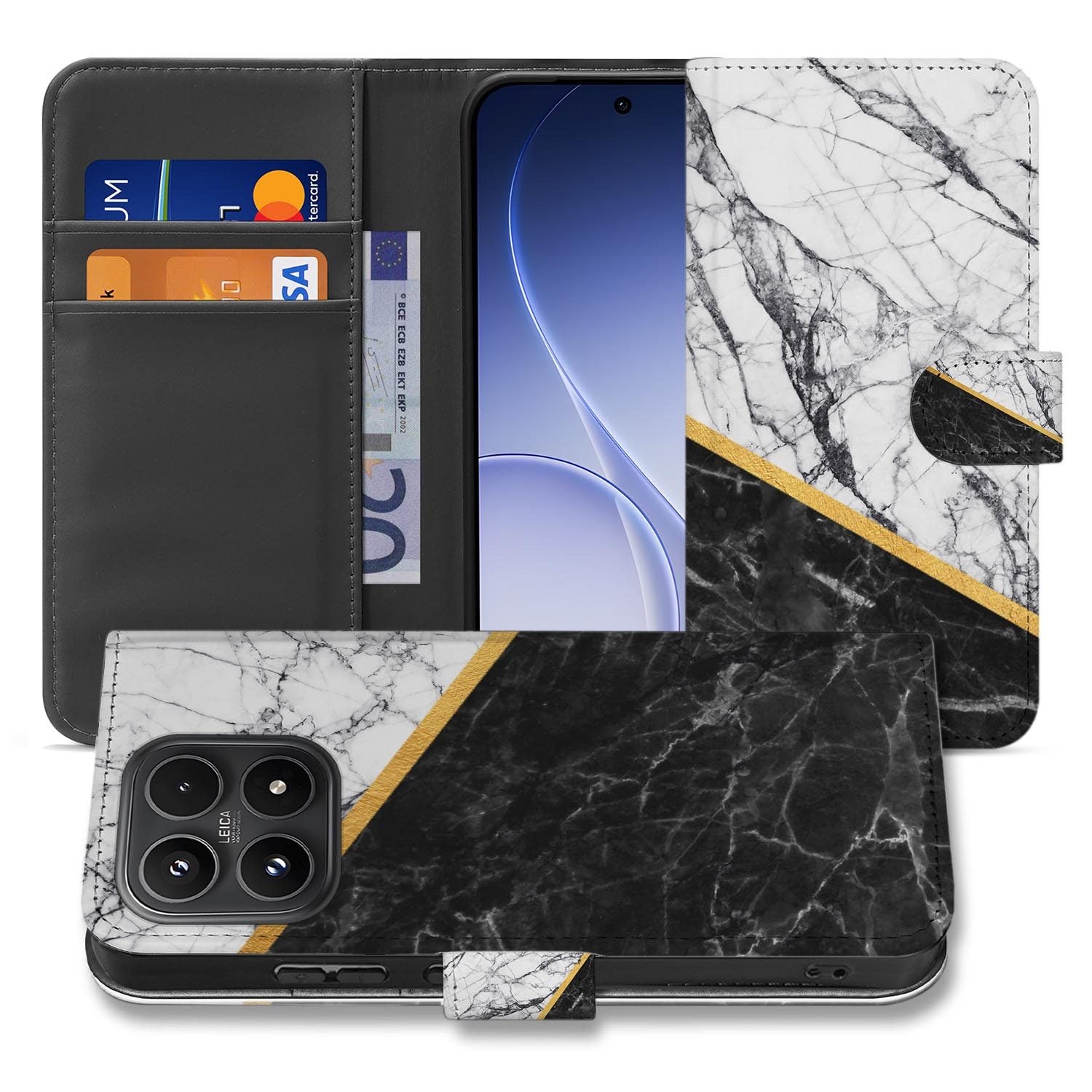 Xiaomi 17 bookcase Marble White Black, voorkant met gesloten klep