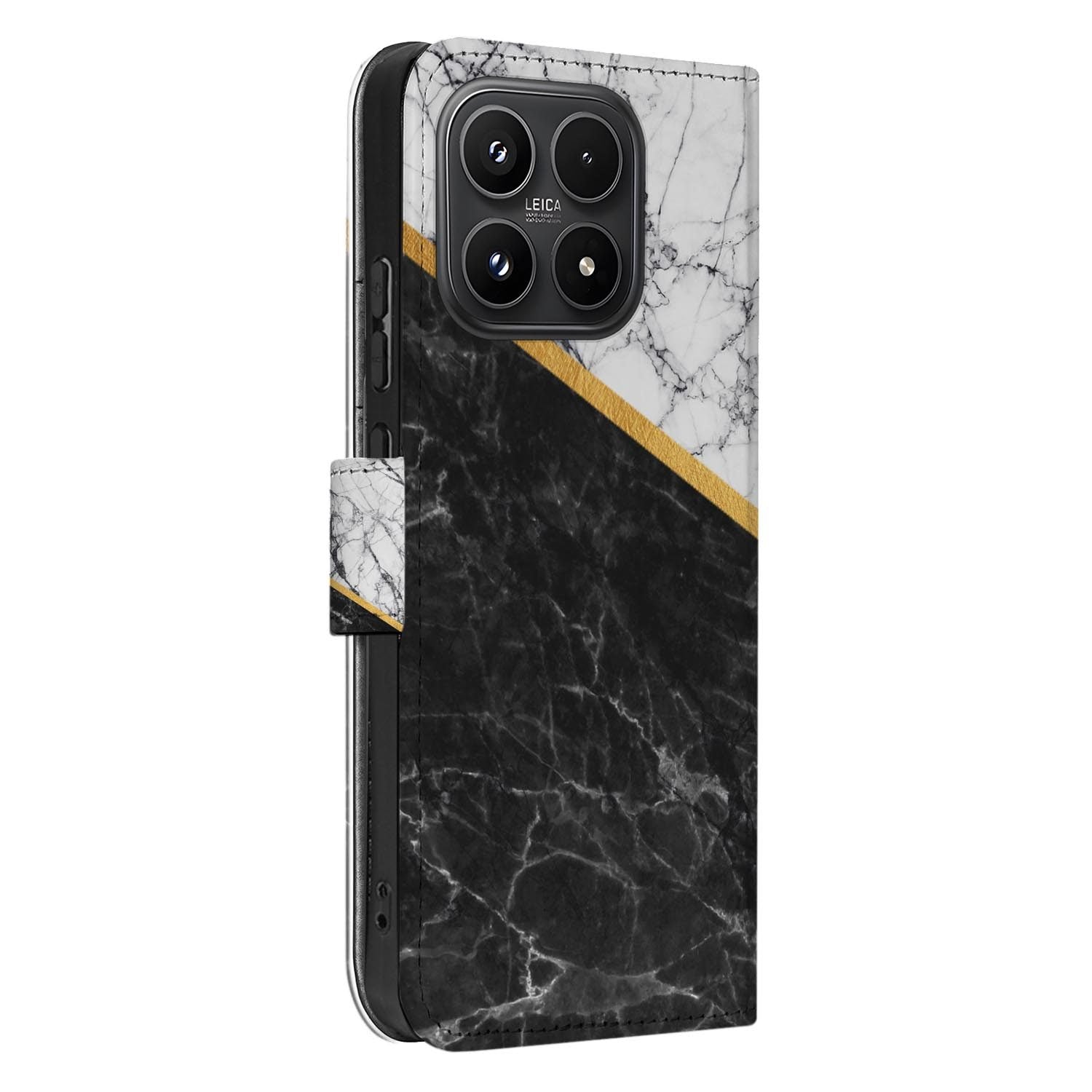 Xiaomi 17 bookcase Marble White Black, zijkant met knopuitsparingen