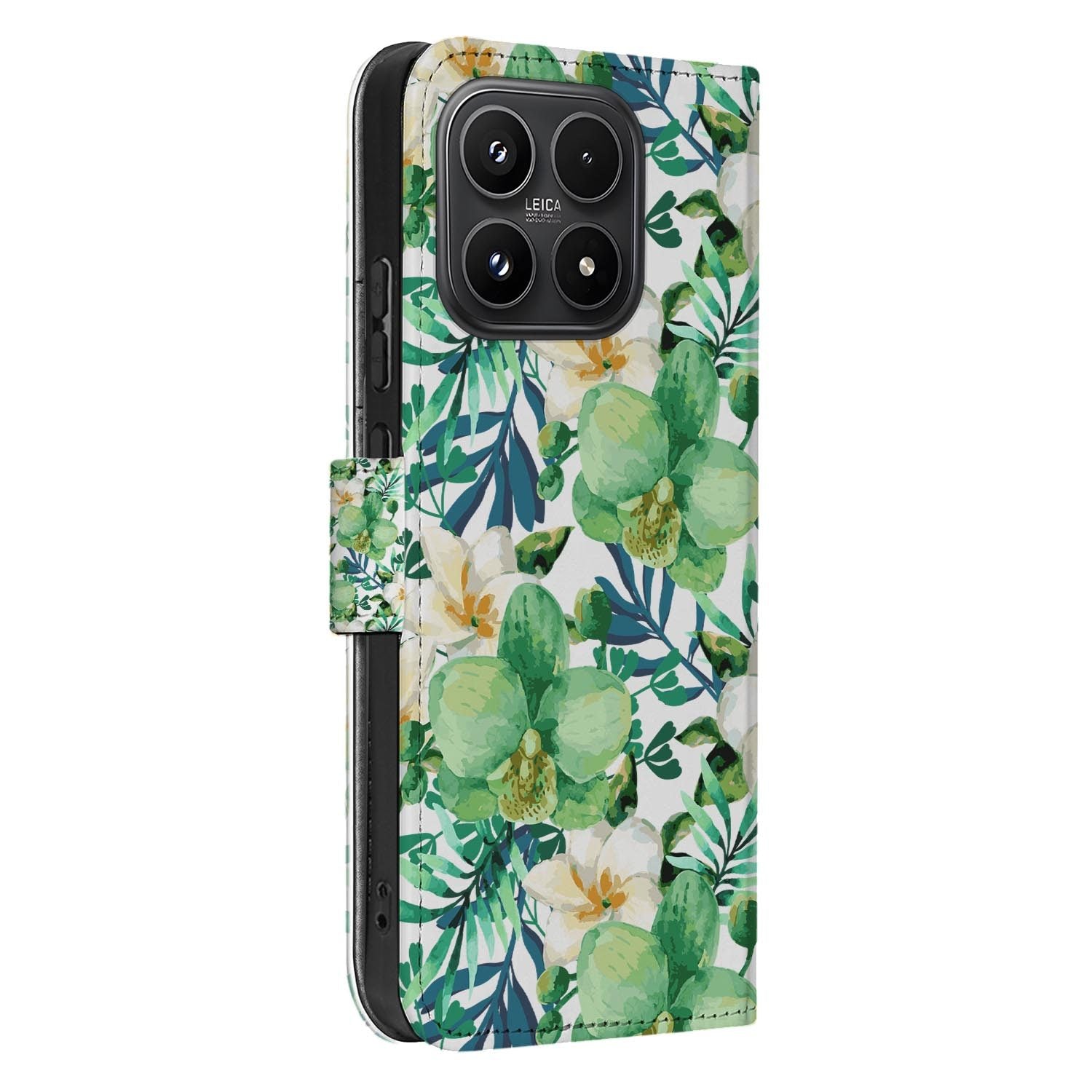 Xiaomi 17 bookcase Orchidee Groen, zijkant met knopuitsparingen