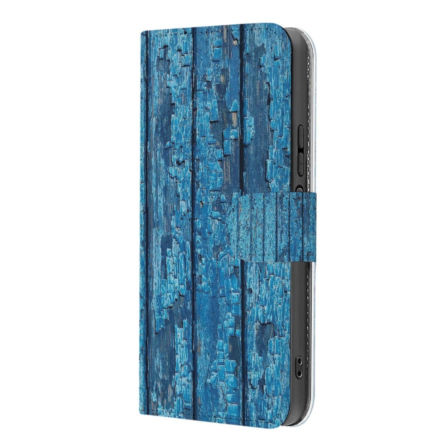 Xiaomi 17 bookcase Wood Blue, binnenkant met telefoon