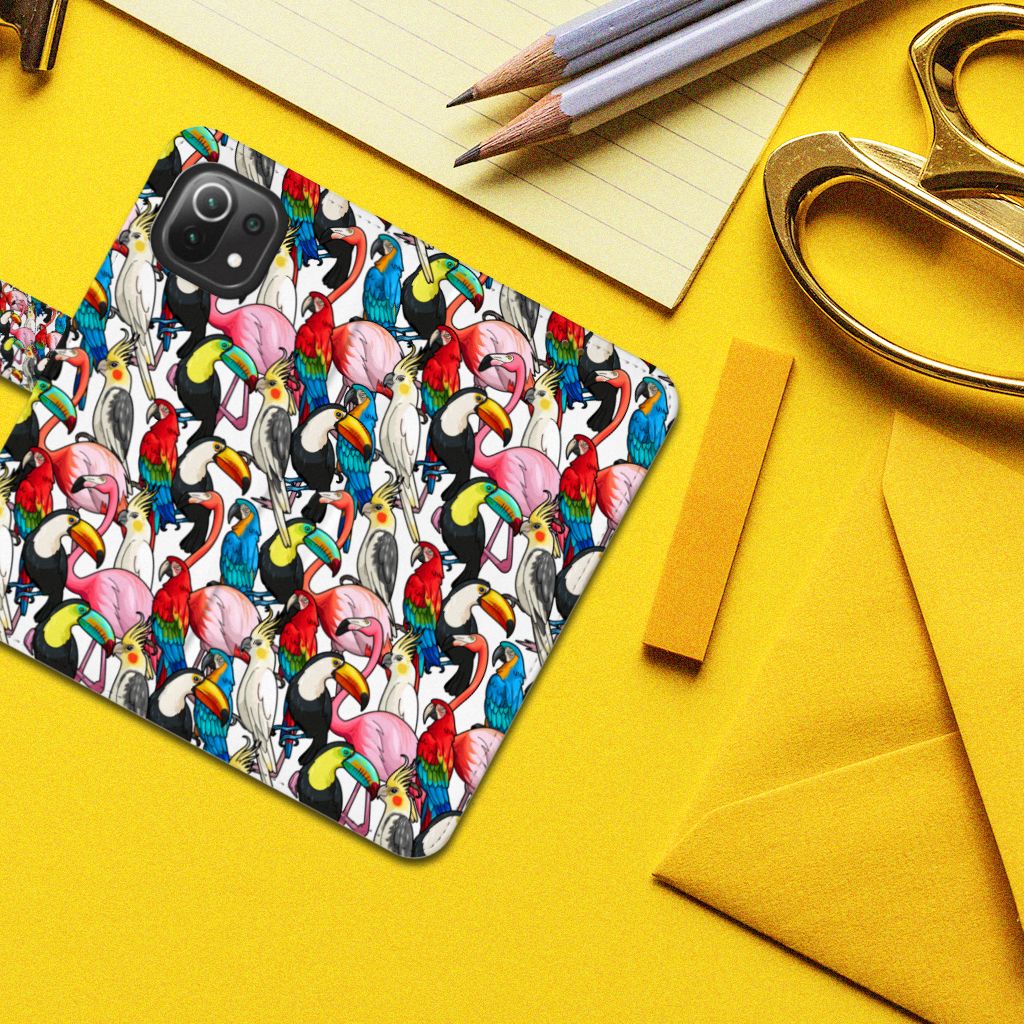 Xiaomi 11 Lite 5G NE Mi 11 Lite Telefoonhoesje met Pasjes Birds design kleurrijke vogels aanzicht