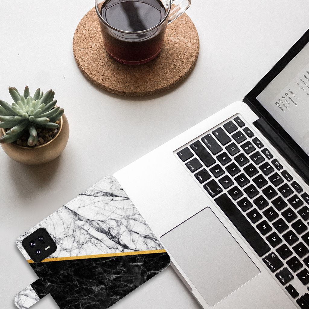 Xiaomi 13 Bookcase Marmer Wit Zwart design luxe aanzicht