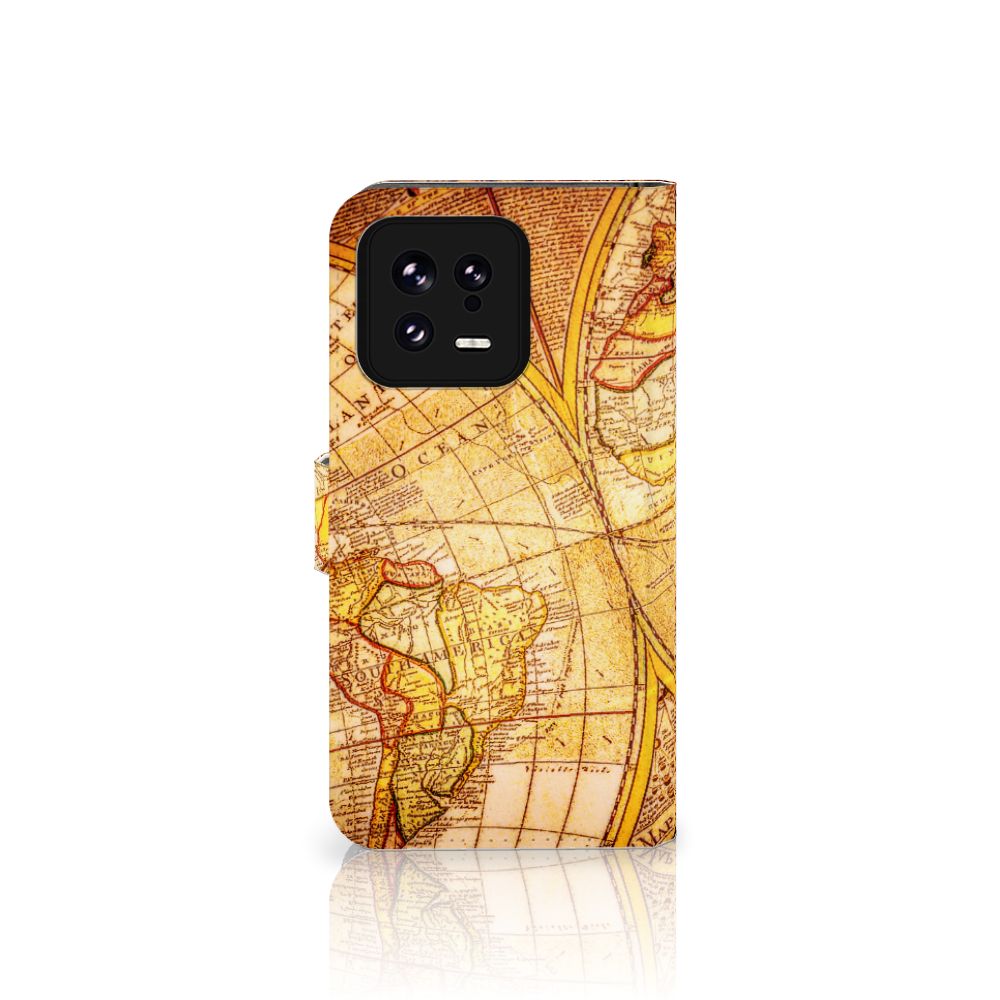 Xiaomi 13 Flip Cover Kompas hoesje wereldkaart design voorkant