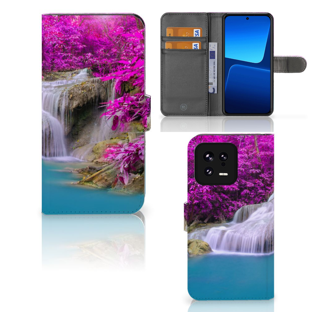 Xiaomi 13 Flip Cover Waterval telefoonhoesje waterval paarse bomen aanzicht