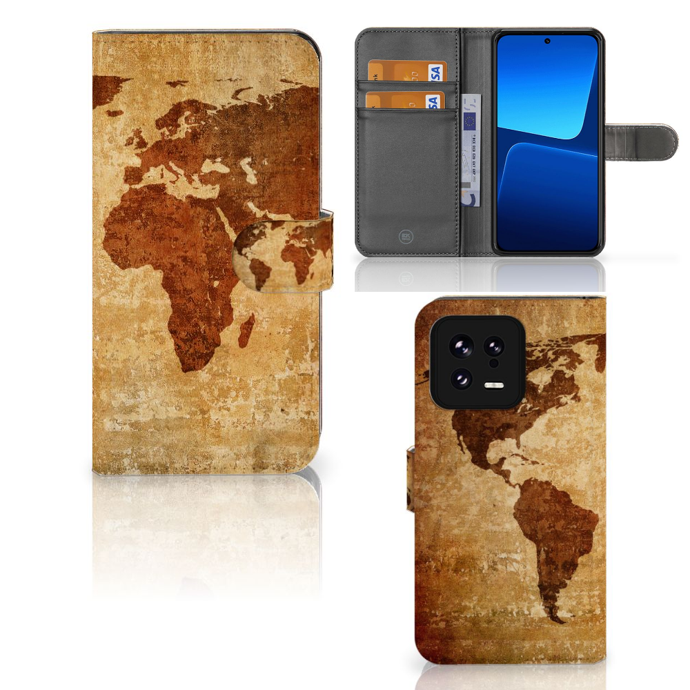 Xiaomi 13 Flip Cover Wereldkaart flip cover wereldkaart voorzijde binnenzijde