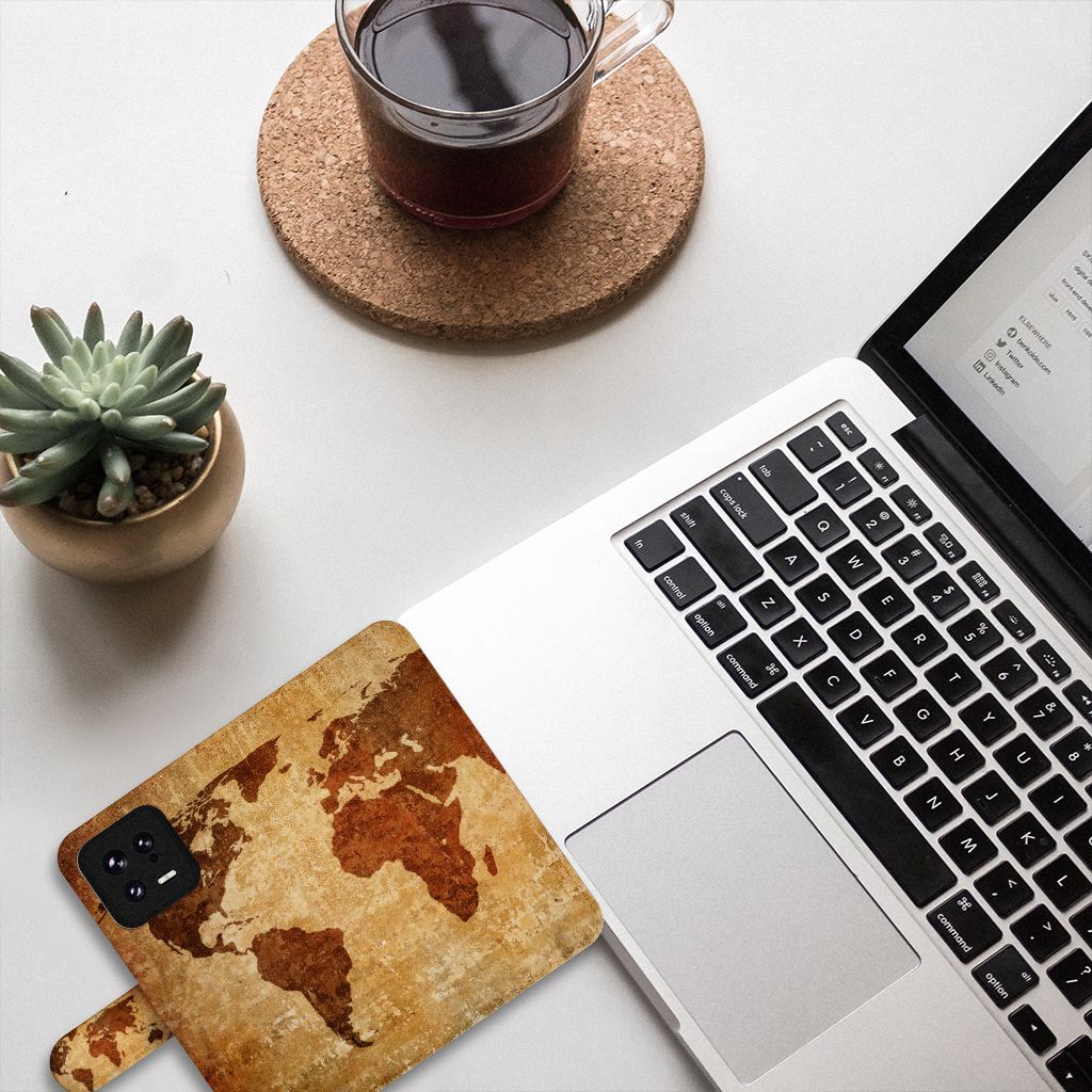 Xiaomi 13 Flip Cover Wereldkaart pasjes wereldkaart aanzicht