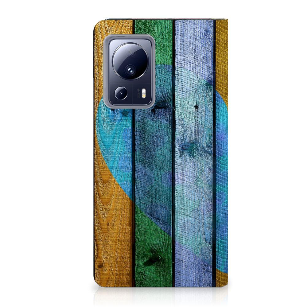 Xiaomi 13 Lite Book Wallet Case Wood Heart design kleurrijk houtkleurig