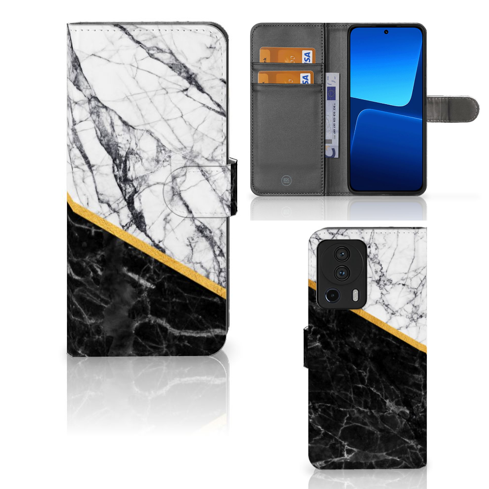 Xiaomi 13 Lite Bookcase Marmer Wit Zwart - Origineel Cadeau Man met luxe marmer design en gouden accenten.