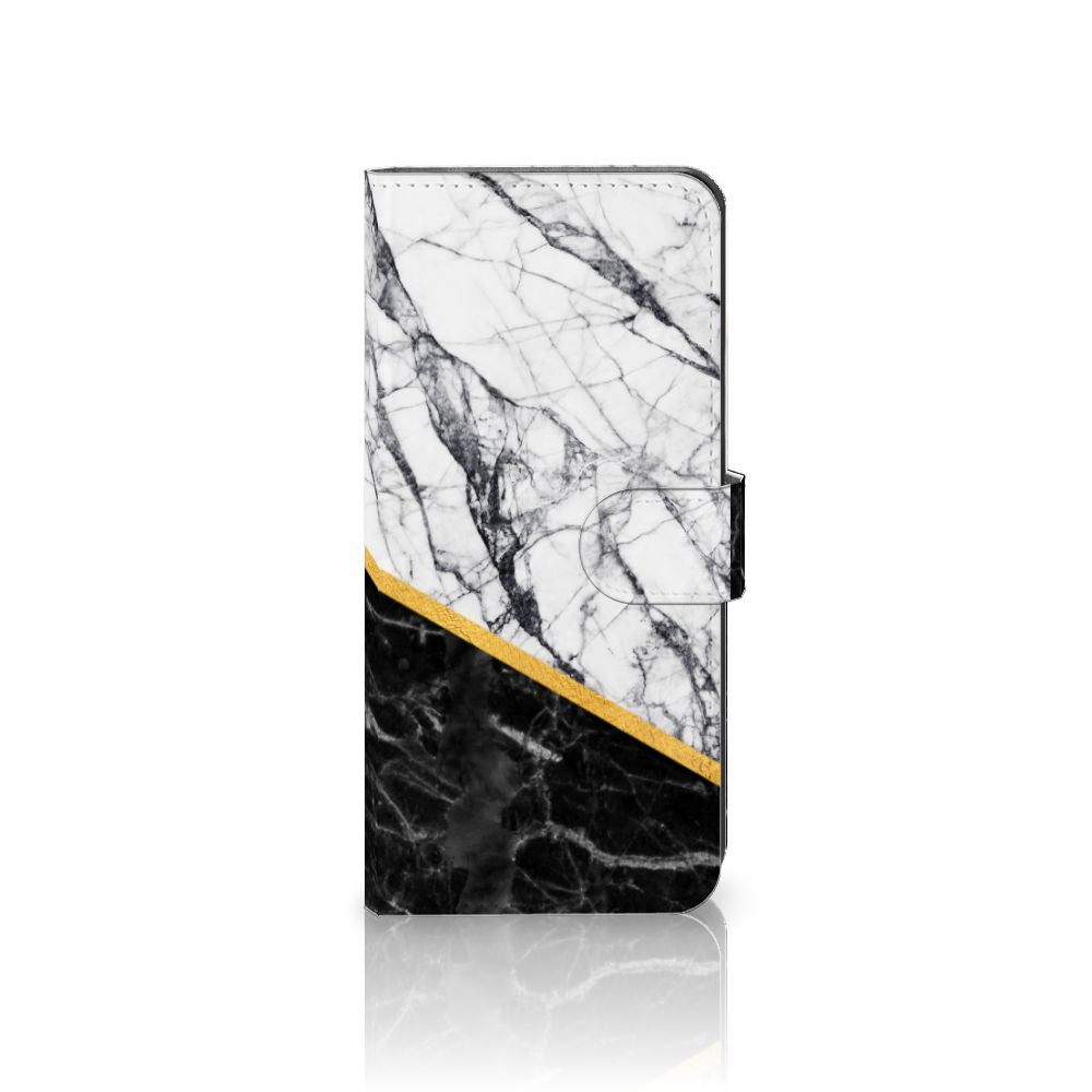 Xiaomi 13 Lite Bookcase Marmer Wit Zwart - Origineel Cadeau Man met luxe marmerpatroon en gouden scheidingslijn.