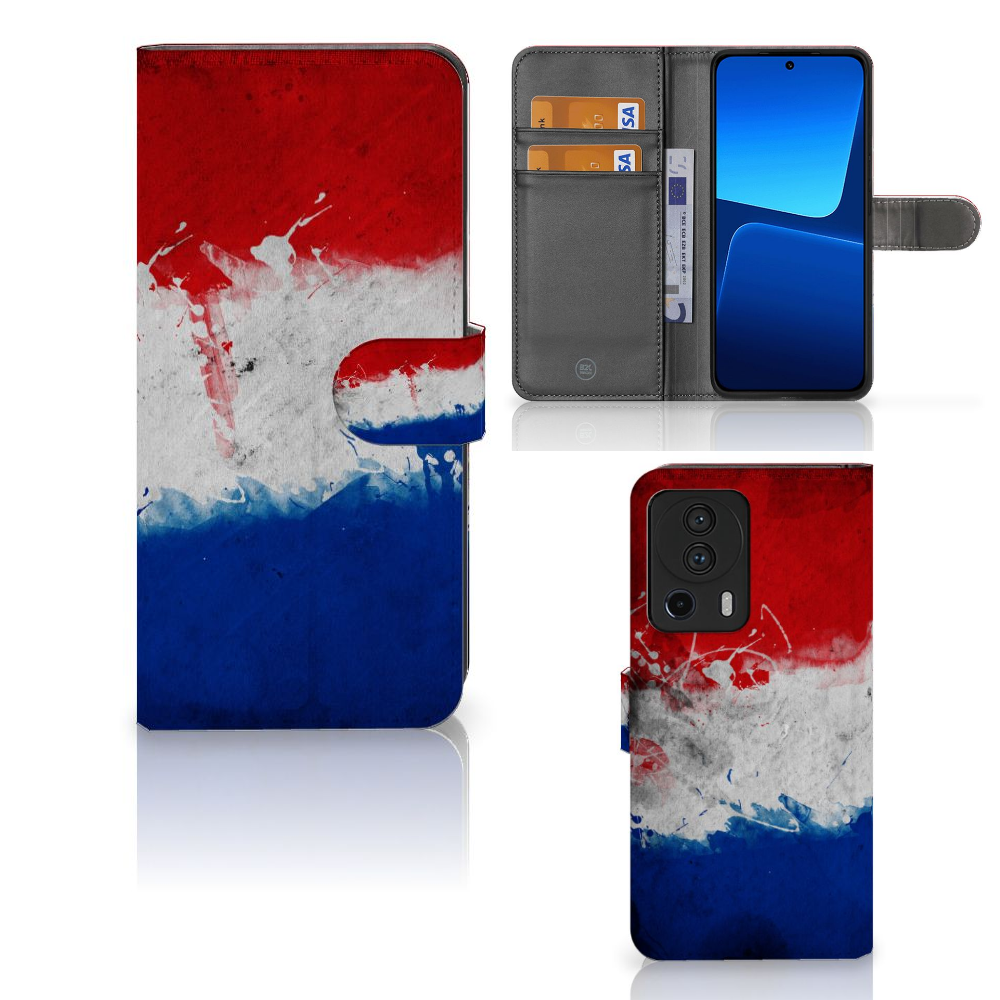 Xiaomi 13 Lite Bookstyle Case Nederland met design van de Nederlandse vlag, geschikt voor stijlvolle bescherming.