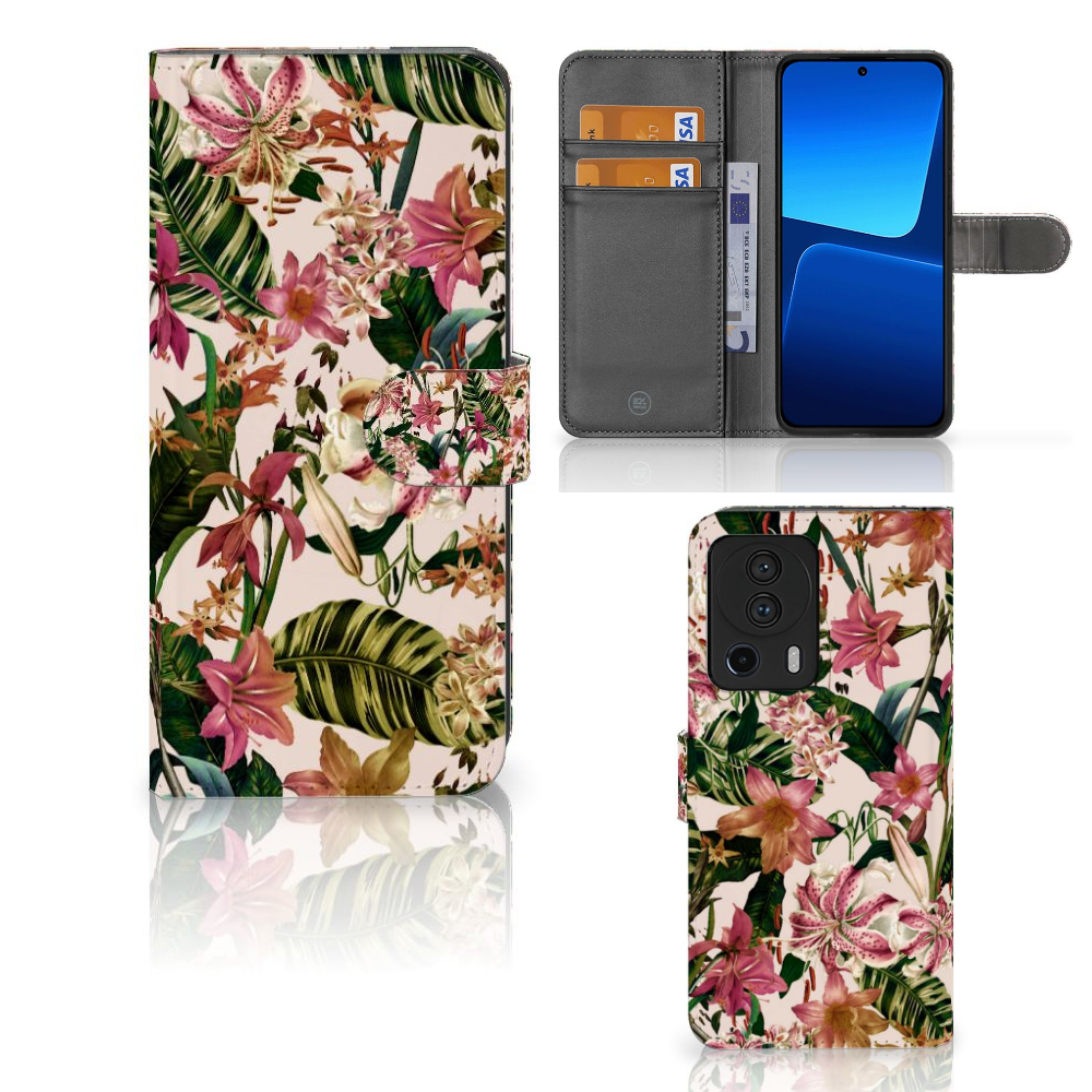 Xiaomi 13 Lite Hoesje Flowers bookcase bloemen groen tropisch aanzicht