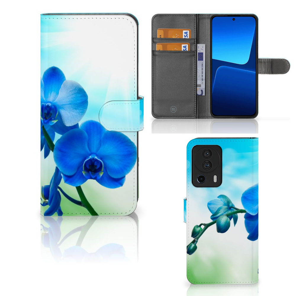 Xiaomi 13 Lite Hoesje Orchidee Blauw Hoesje Orchidee Blauw voorkant zijkant binnenkant