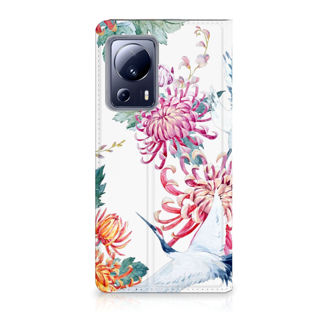 Xiaomi 13 Lite Hoesje maken Bird Flowers bloemen ooievaars ontwerp voorkant